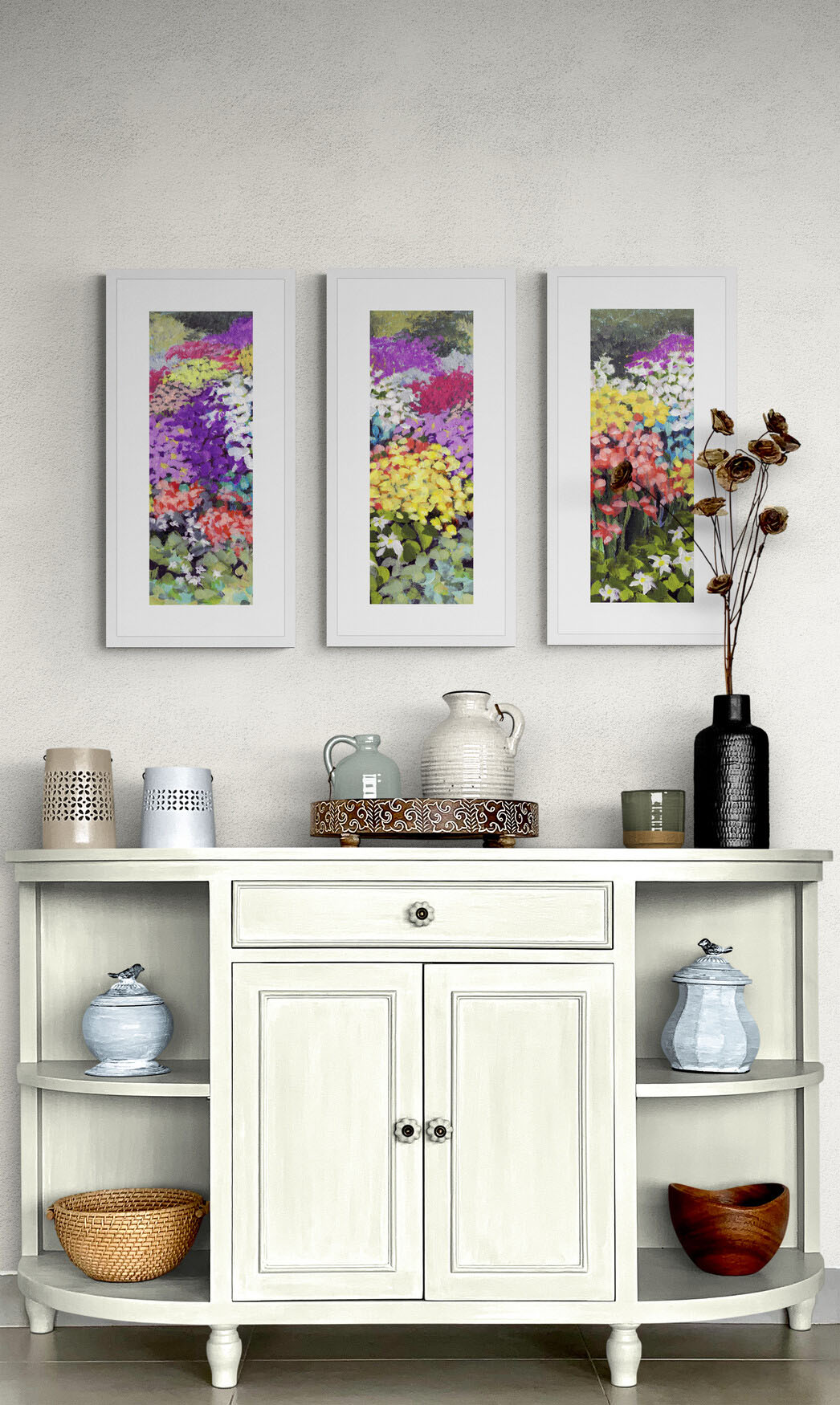 Floral Garden Fine Art Print Triptych | Styled in Charming Cottage Entryway with Cream Painted Demilune Sideboard, Artisan Ceramic Pitchers, Ornate Tray and Dried Cotton Pod Stems