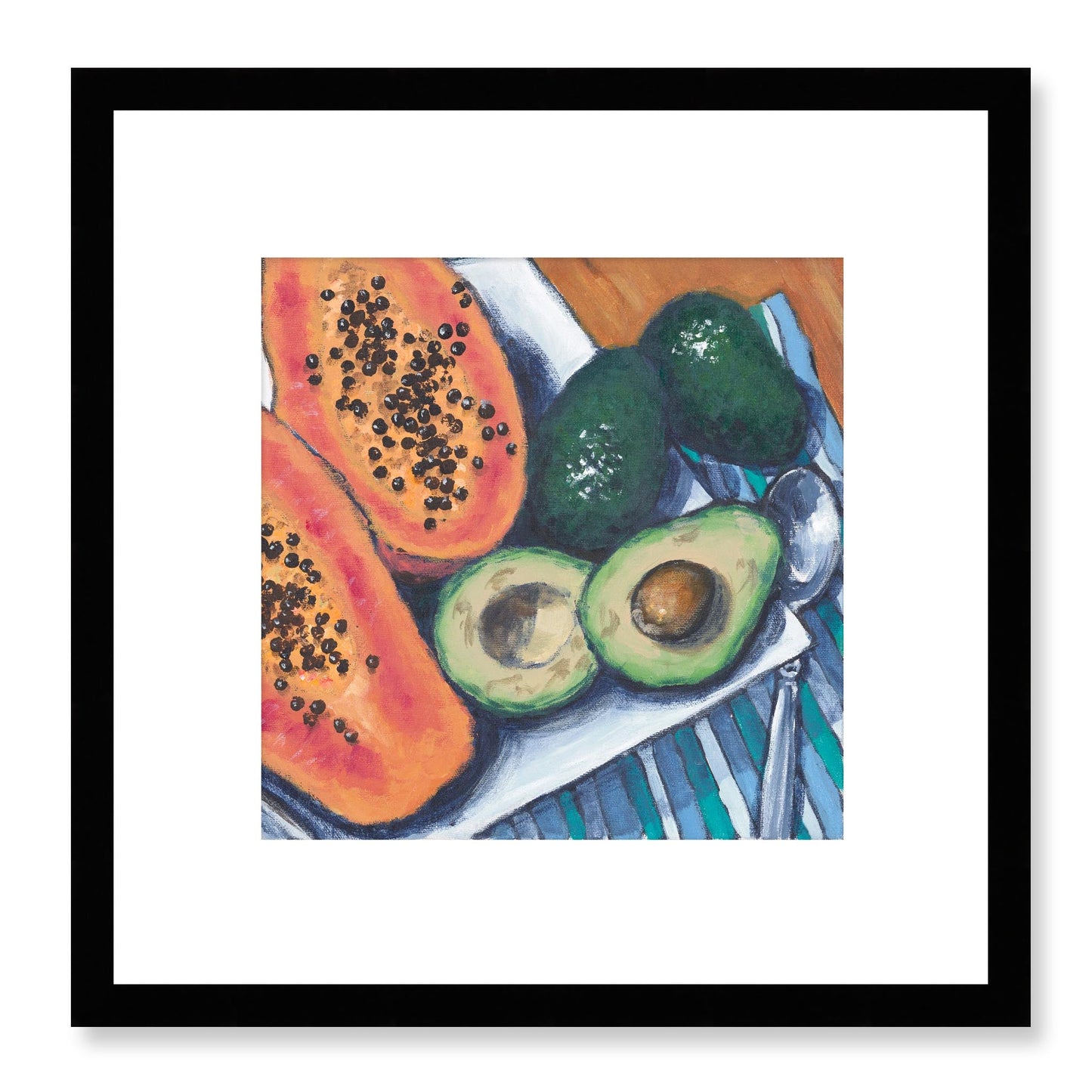 Framed Fine Art Print, White Mat - 12x12 16x16 20x20 24x24 28x28 32x32 36x36 40x40 inches | Papaya & Avocados in Acrylic, FPS-1000-1105, Prints, Fine art, Black Frame, 30 x 30 cm ,12 x 12 inches