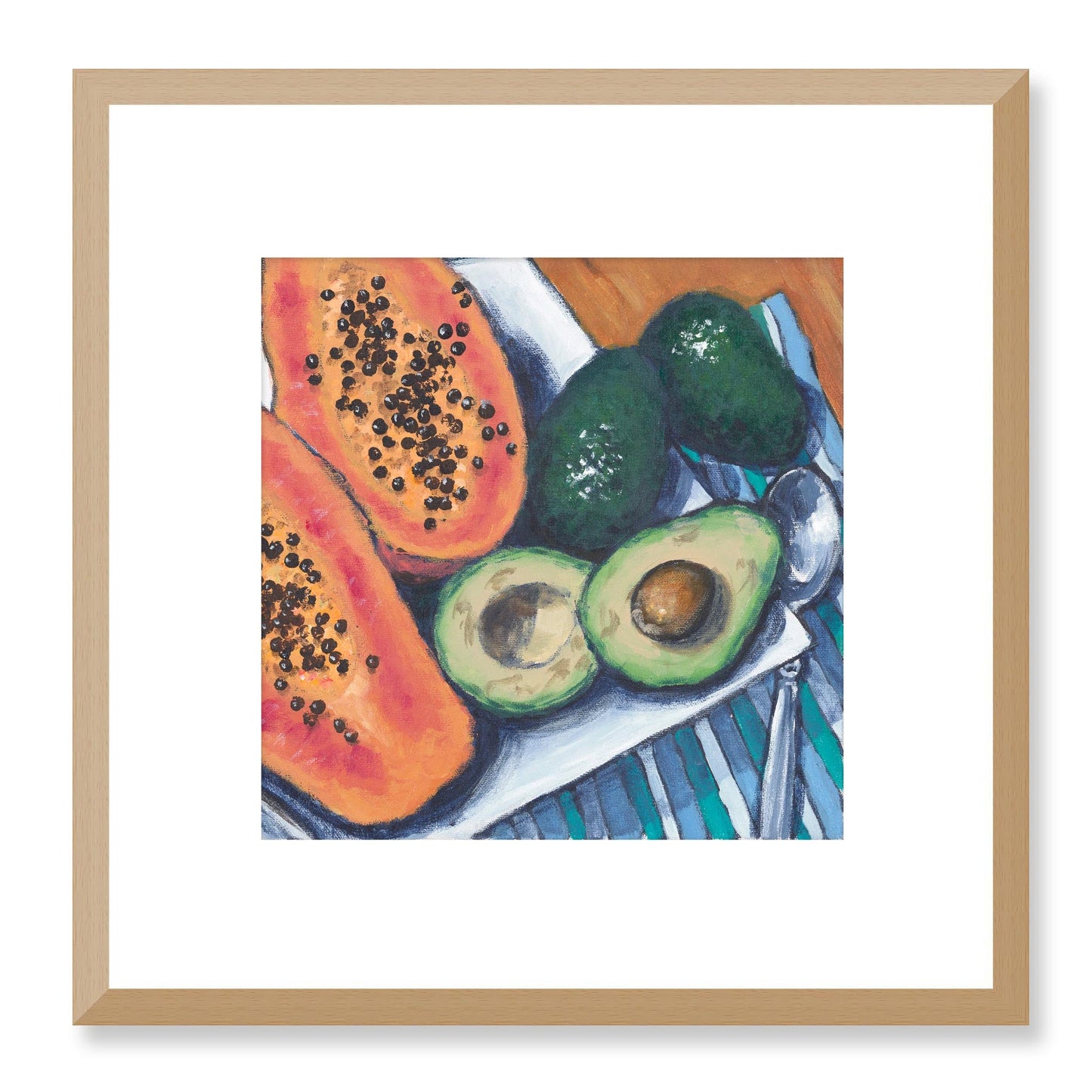 Framed Fine Art Print, White Mat - 12x12 16x16 20x20 24x24 28x28 32x32 36x36 40x40 inches | Papaya & Avocados in Acrylic, FPS-1000-1105, Prints, Fine art, Natural Frame, 30 x 30 cm ,12 x 12 inches