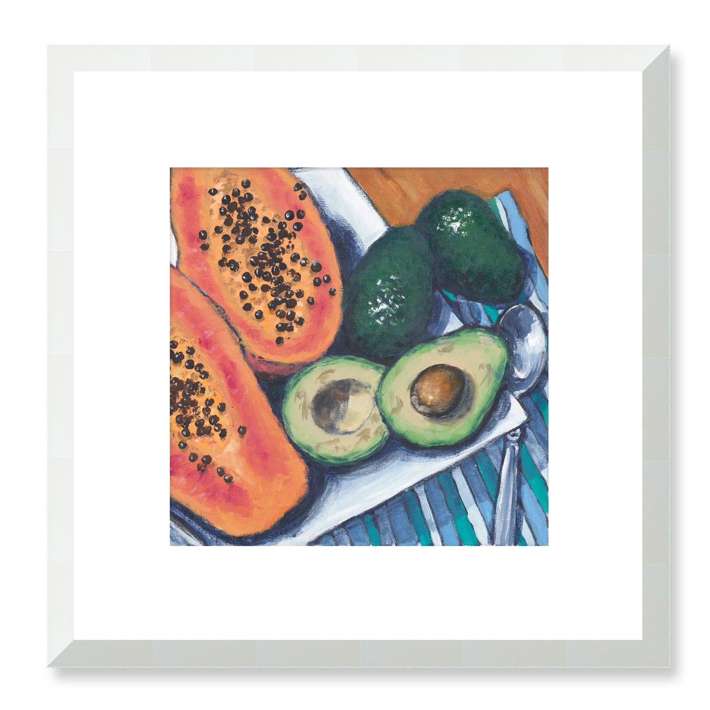 Framed Fine Art Print, White Mat - 12x12 16x16 20x20 24x24 28x28 32x32 36x36 40x40 inches | Papaya & Avocados in Acrylic, FPS-1000-1105, Prints, Fine art, White Frame, 30 x 30 cm ,12 x 12 inches