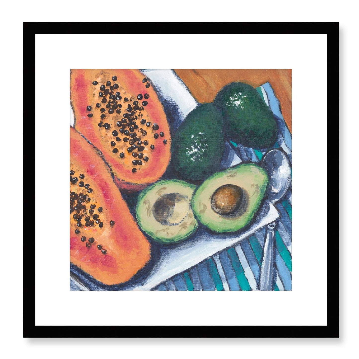Framed Fine Art Print, White Mat - 12x12 16x16 20x20 24x24 28x28 32x32 36x36 40x40 inches | Papaya & Avocados in Acrylic, FPS-1000-1105, Prints, Fine art, Black Frame, 41 x 41 cm ,16 x 16 inches