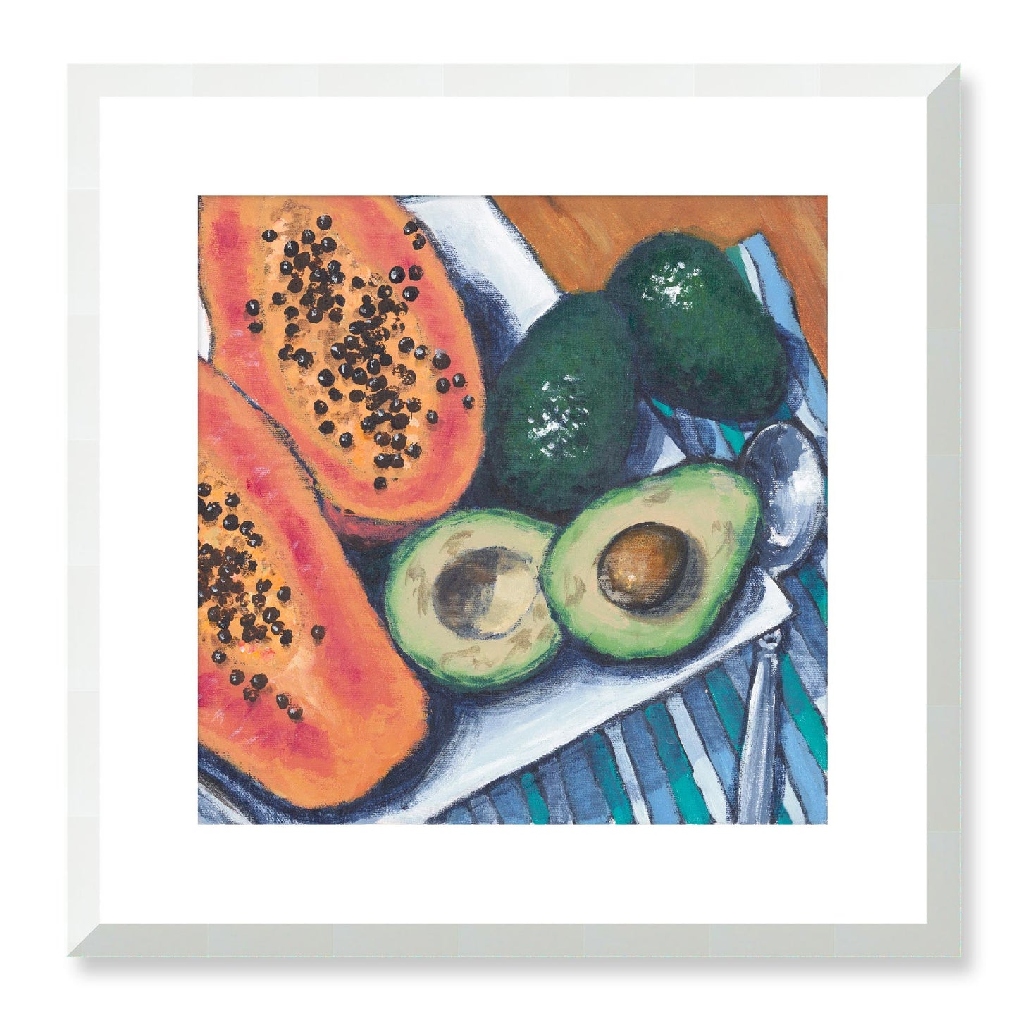 Framed Fine Art Print, White Mat - 12x12 16x16 20x20 24x24 28x28 32x32 36x36 40x40 inches | Papaya & Avocados in Acrylic, FPS-1000-1105, Prints, Fine art, White Frame, 41 x 41 cm ,16 x 16 inches