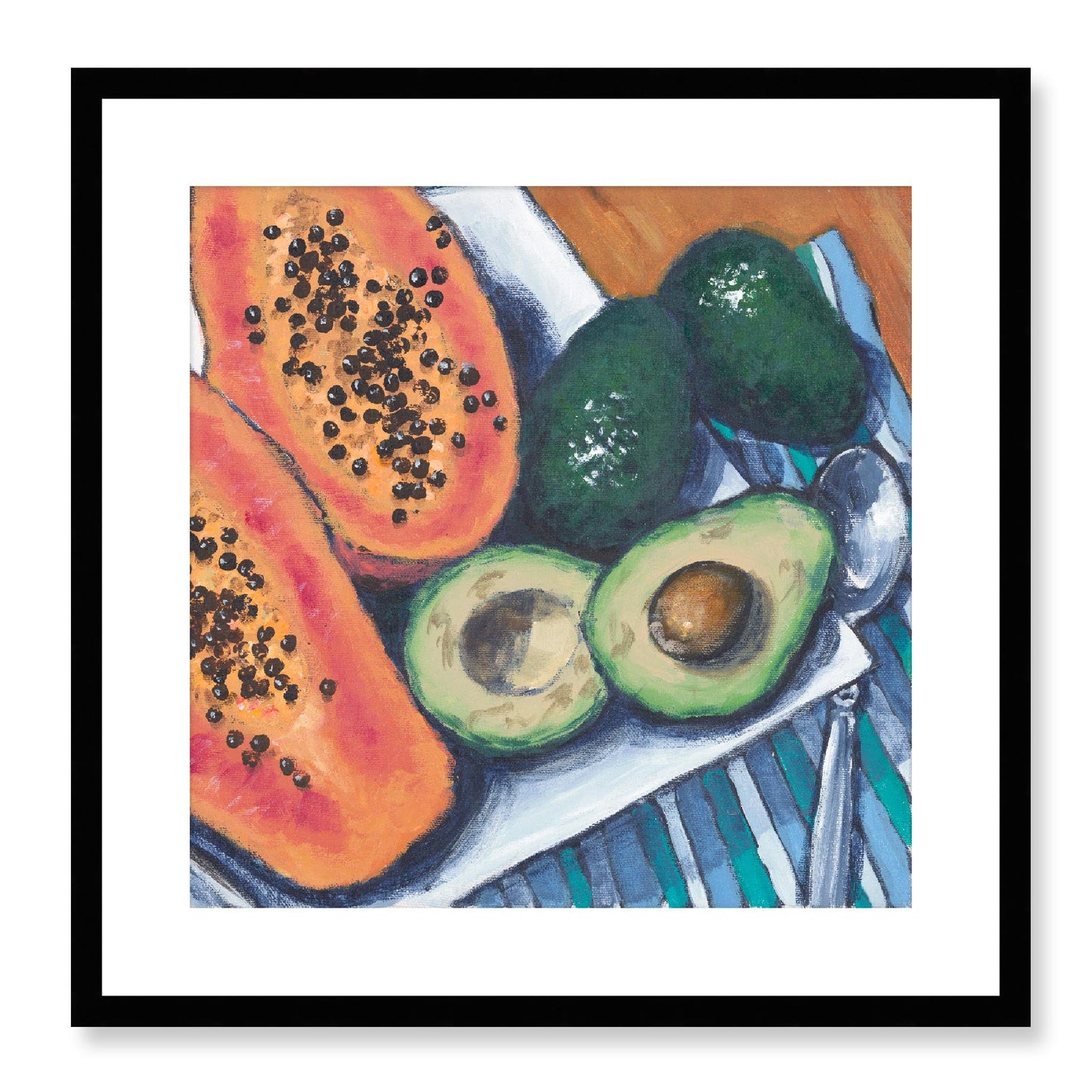 Framed Fine Art Print, White Mat - 12x12 16x16 20x20 24x24 28x28 32x32 36x36 40x40 inches | Papaya & Avocados in Acrylic, FPS-1000-1105, Prints, Fine art, Black Frame, 51 x 51 cm ,20 x 20 inches