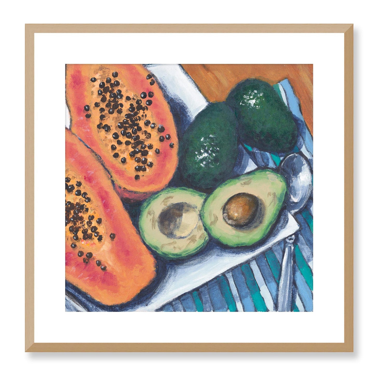 Framed Fine Art Print, White Mat - 12x12 16x16 20x20 24x24 28x28 32x32 36x36 40x40 inches | Papaya & Avocados in Acrylic, FPS-1000-1105, Prints, Fine art, Natural Frame, 51 x 51 cm ,20 x 20 inches