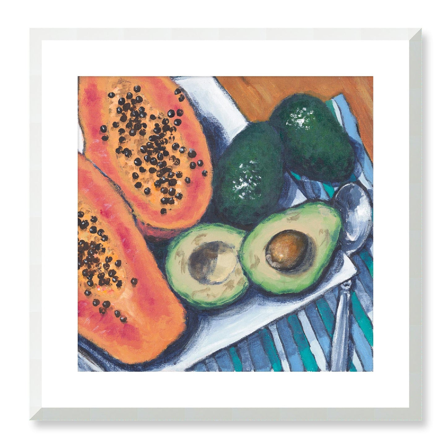 Framed Fine Art Print, White Mat - 12x12 16x16 20x20 24x24 28x28 32x32 36x36 40x40 inches | Papaya & Avocados in Acrylic, FPS-1000-1105, Prints, Fine art, White Frame, 51 x 51 cm ,20 x 20 inches