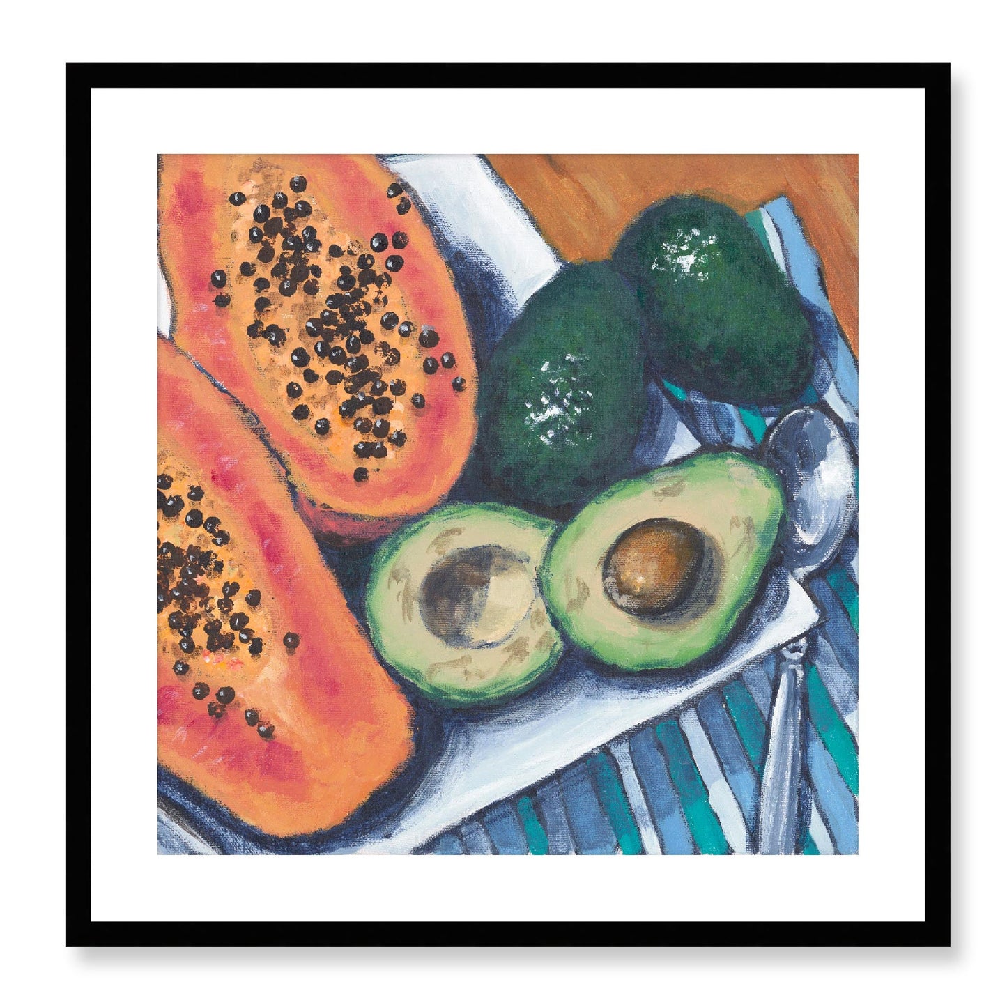 Framed Fine Art Print, White Mat - 12x12 16x16 20x20 24x24 28x28 32x32 36x36 40x40 inches | Papaya & Avocados in Acrylic, FPS-1000-1105, Prints, Fine art, Black Frame, 61 x 61 cm ,24 x 24 inches