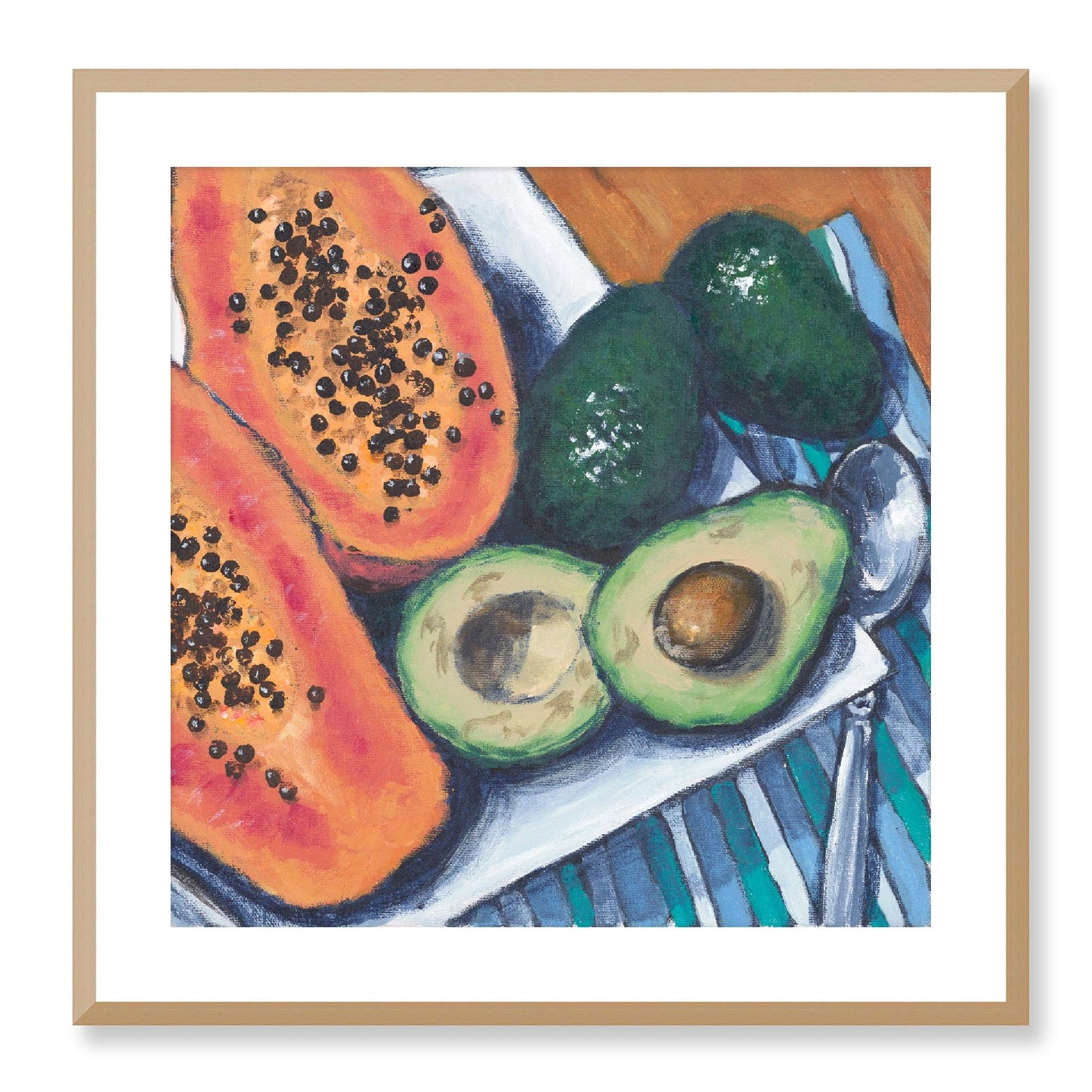 Framed Fine Art Print, White Mat - 12x12 16x16 20x20 24x24 28x28 32x32 36x36 40x40 inches | Papaya & Avocados in Acrylic, FPS-1000-1105, Prints, Fine art, Natural Frame, 61 x 61 cm ,24 x 24 inches