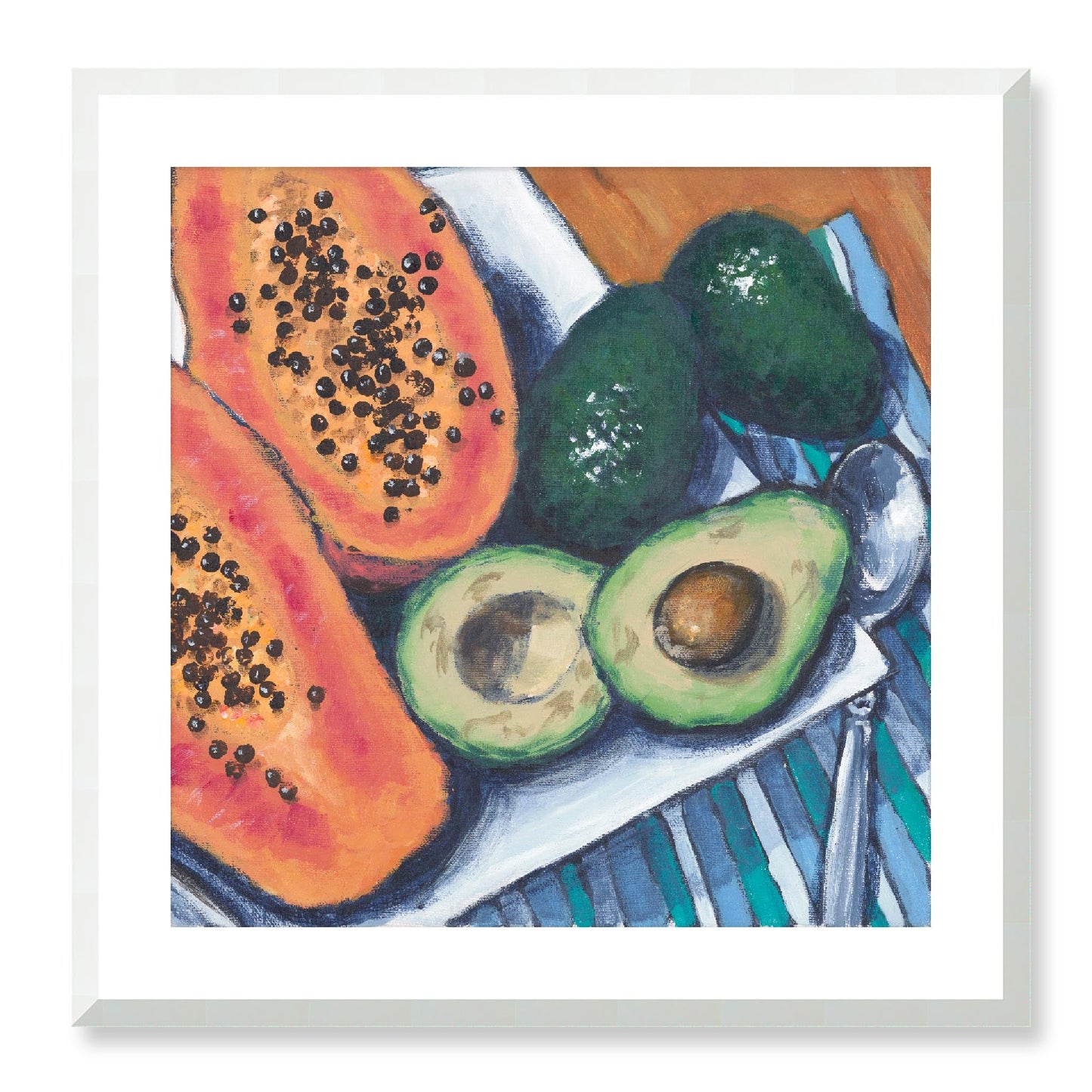 Framed Fine Art Print, White Mat - 12x12 16x16 20x20 24x24 28x28 32x32 36x36 40x40 inches | Papaya & Avocados in Acrylic, FPS-1000-1105, Prints, Fine art, White Frame, 61 x 61 cm ,24 x 24 inches