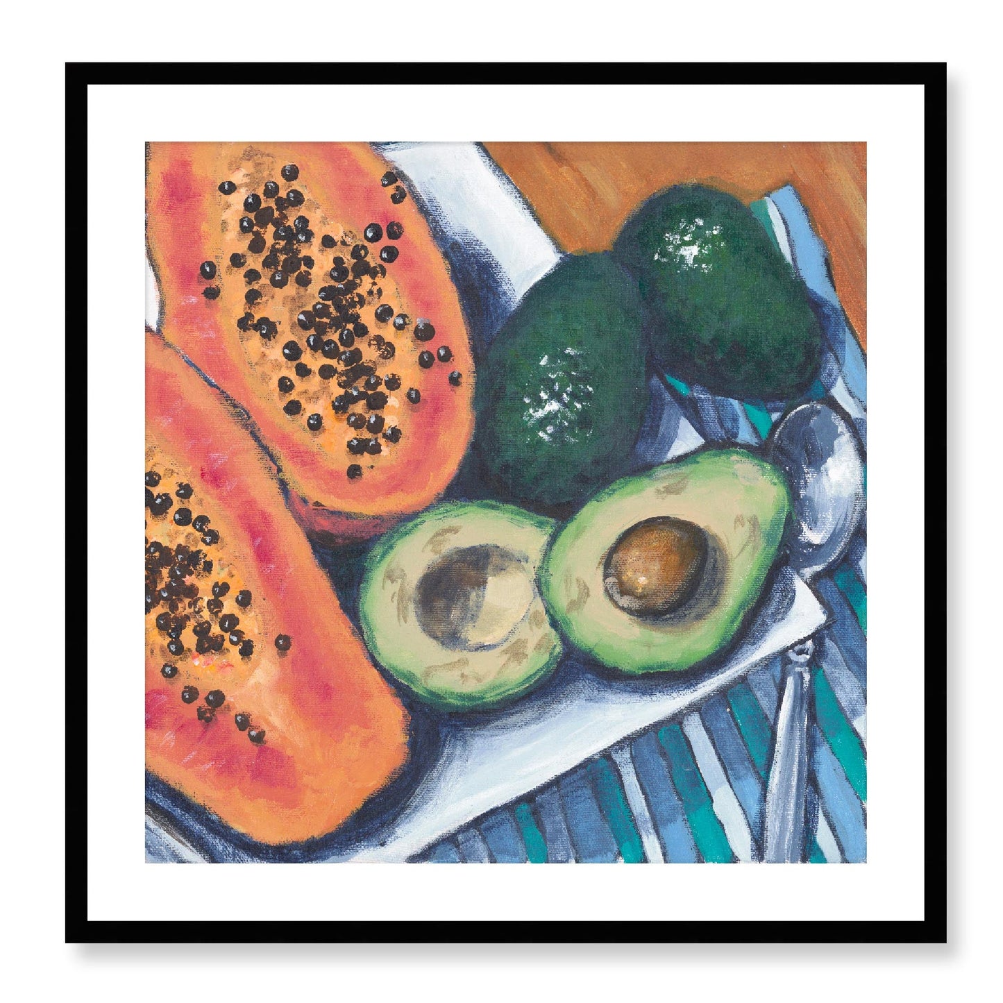 Framed Fine Art Print, White Mat - 12x12 16x16 20x20 24x24 28x28 32x32 36x36 40x40 inches | Papaya & Avocados in Acrylic, FPS-1000-1105, Prints, Fine art, Black Frame, 71 x 71 cm ,28 x 28 inches