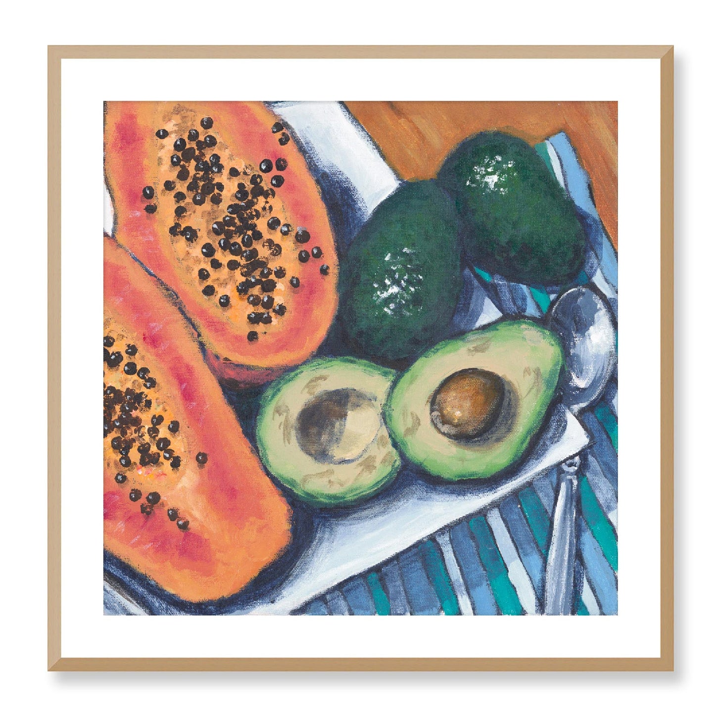 Framed Fine Art Print, White Mat - 12x12 16x16 20x20 24x24 28x28 32x32 36x36 40x40 inches | Papaya & Avocados in Acrylic, FPS-1000-1105, Prints, Fine art, Natural Frame, 71 x 71 cm ,28 x 28 inches