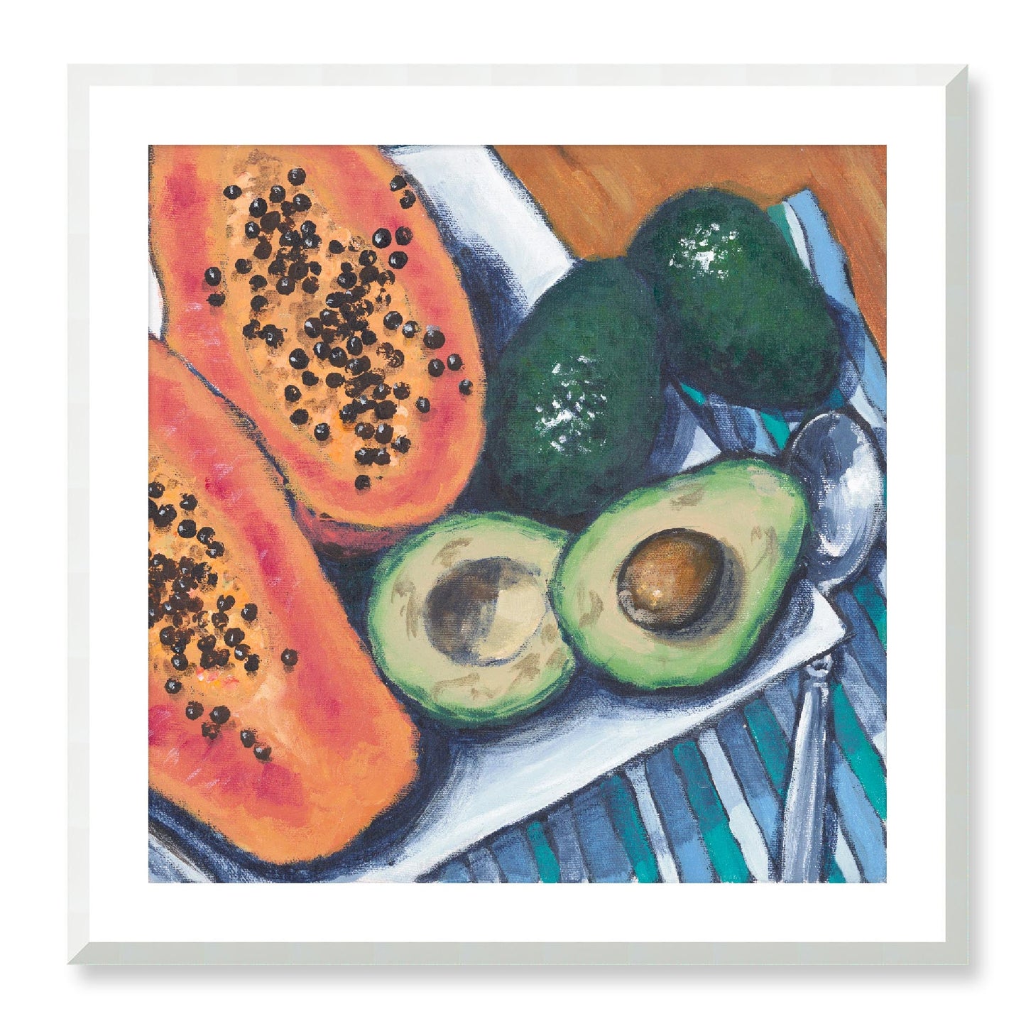 Framed Fine Art Print, White Mat - 12x12 16x16 20x20 24x24 28x28 32x32 36x36 40x40 inches | Papaya & Avocados in Acrylic, FPS-1000-1105, Prints, Fine art, White Frame, 71 x 71 cm ,28 x 28 inches