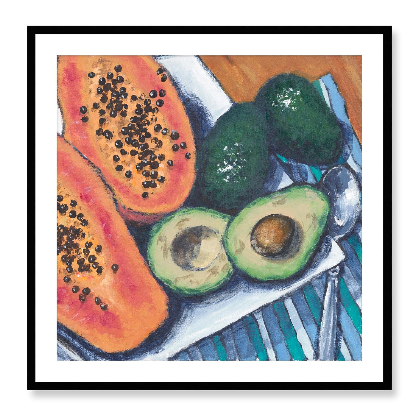 Framed Fine Art Print, White Mat - 12x12 16x16 20x20 24x24 28x28 32x32 36x36 40x40 inches | Papaya & Avocados in Acrylic, FPS-1000-1105, Prints, Fine art, Black Frame, 81 x 81 cm ,32 x 32 inches