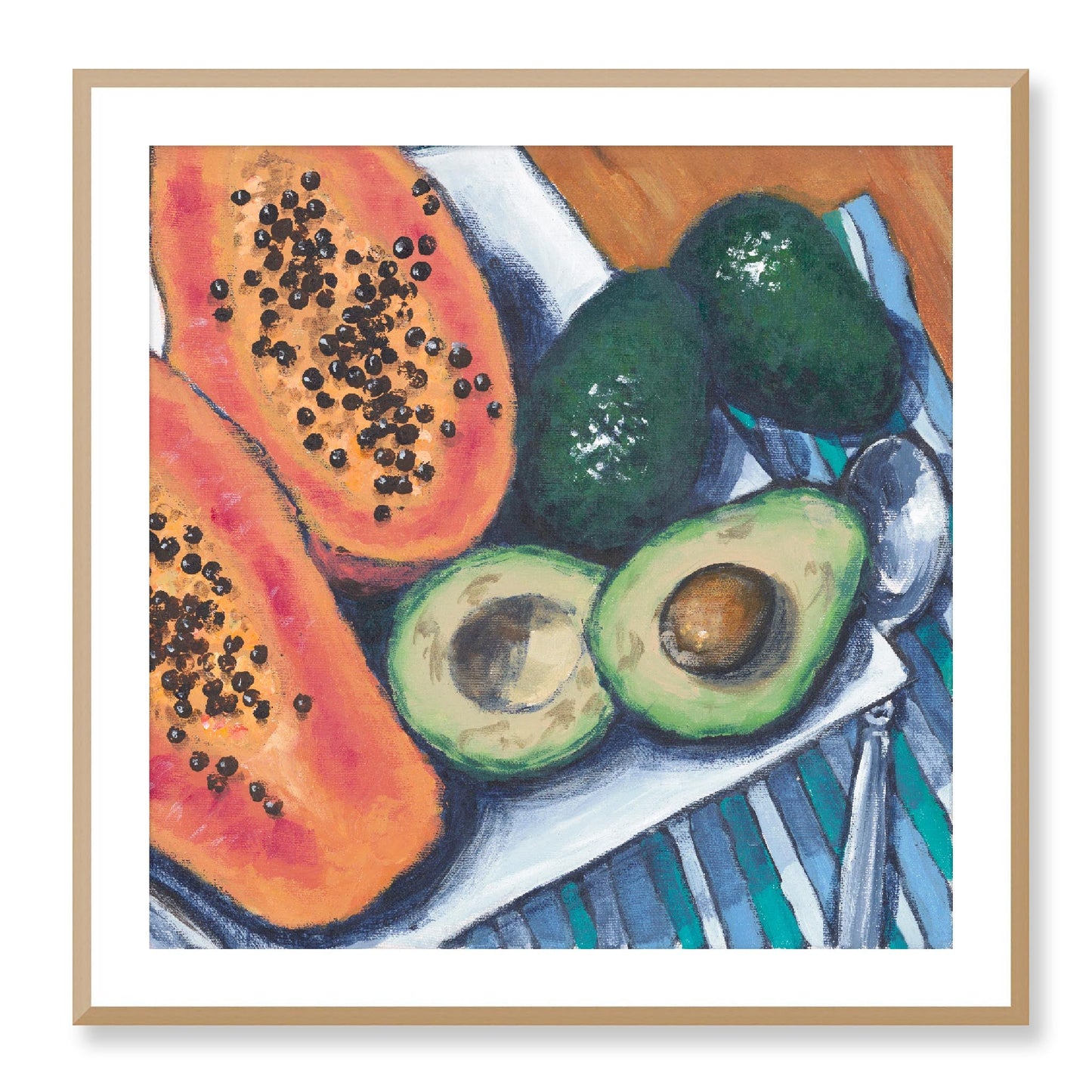 Framed Fine Art Print, White Mat - 12x12 16x16 20x20 24x24 28x28 32x32 36x36 40x40 inches | Papaya & Avocados in Acrylic, FPS-1000-1105, Prints, Fine art, Natural Frame, 81 x 81 cm ,32 x 32 inches
