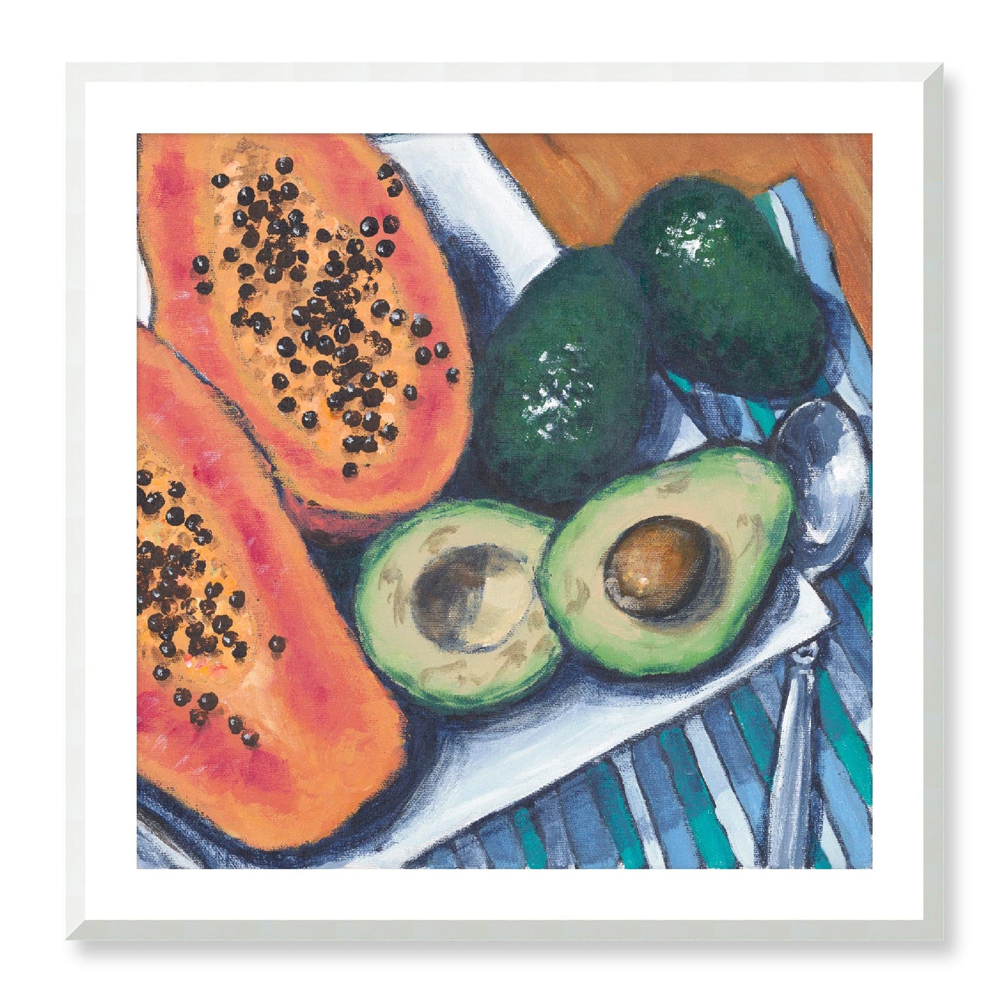 Framed Fine Art Print, White Mat - 12x12 16x16 20x20 24x24 28x28 32x32 36x36 40x40 inches | Papaya & Avocados in Acrylic, FPS-1000-1105, Prints, Fine art, White Frame, 81 x 81 cm ,32 x 32 inches