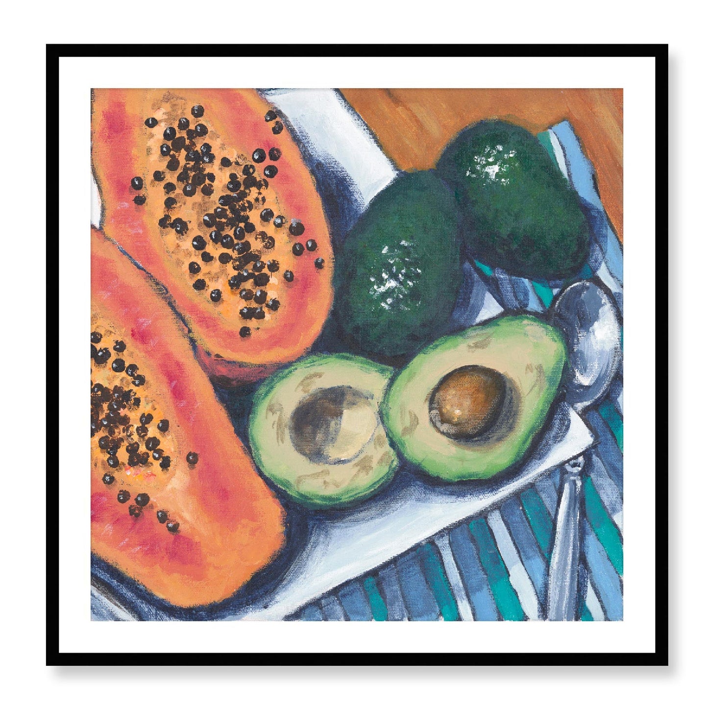 Framed Fine Art Print, White Mat - 12x12 16x16 20x20 24x24 28x28 32x32 36x36 40x40 inches | Papaya & Avocados in Acrylic, FPS-1000-1105, Prints, Fine art, Black Frame, 91 x 91 cm ,36 x 36 inches