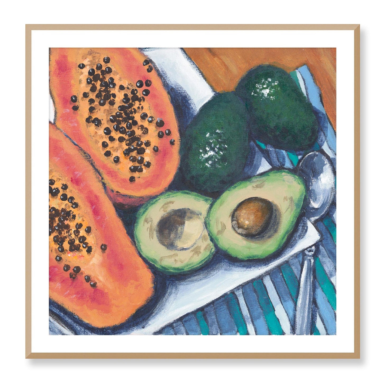 Framed Fine Art Print, White Mat - 12x12 16x16 20x20 24x24 28x28 32x32 36x36 40x40 inches | Papaya & Avocados in Acrylic, FPS-1000-1105, Prints, Fine art, White Frame, 91 x 91 cm ,36 x 36 inches