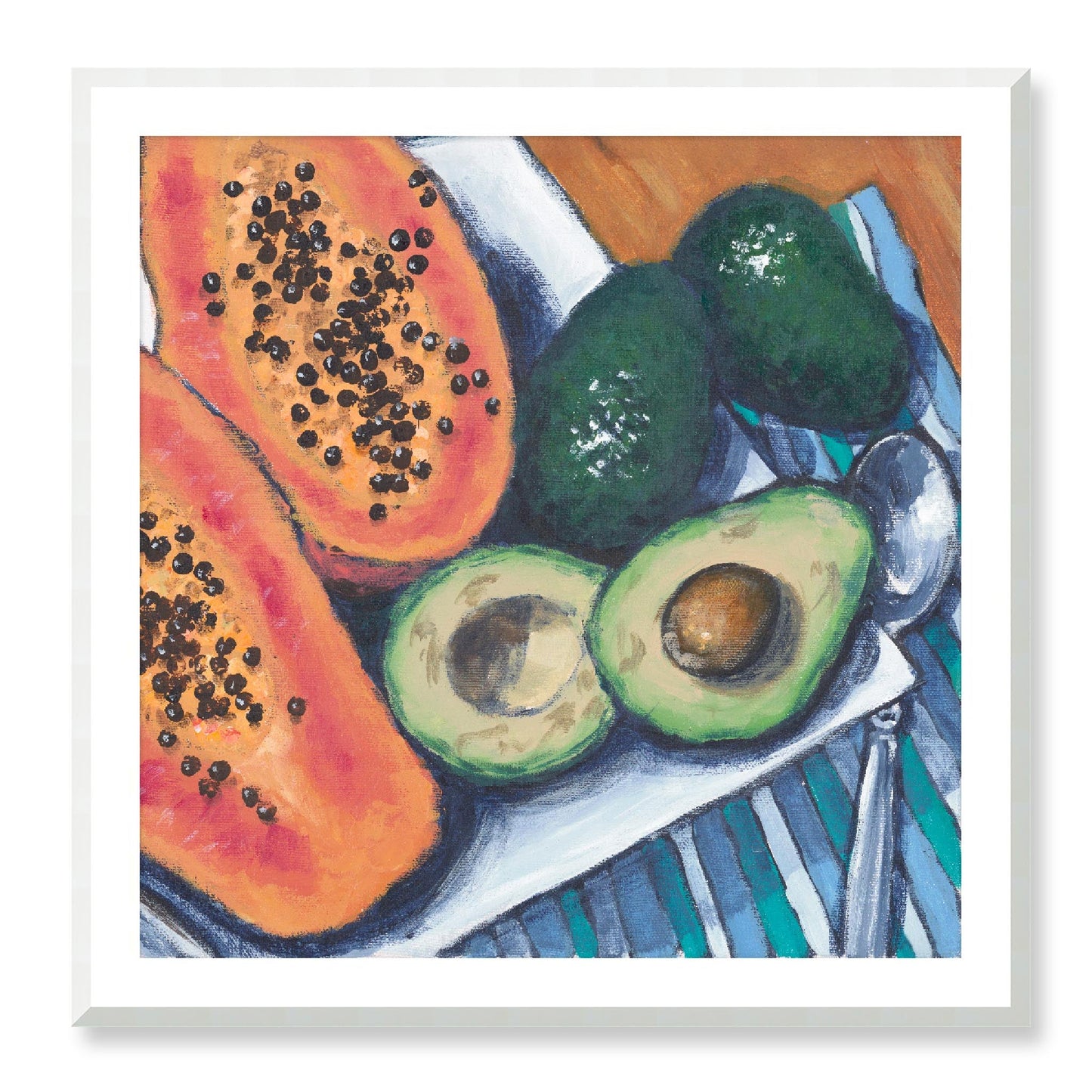 Framed Fine Art Print, White Mat - 12x12 16x16 20x20 24x24 28x28 32x32 36x36 40x40 inches | Papaya & Avocados in Acrylic, FPS-1000-1105, Prints, Fine art, Natural Frame, 91 x 91 cm ,36 x 36 inches