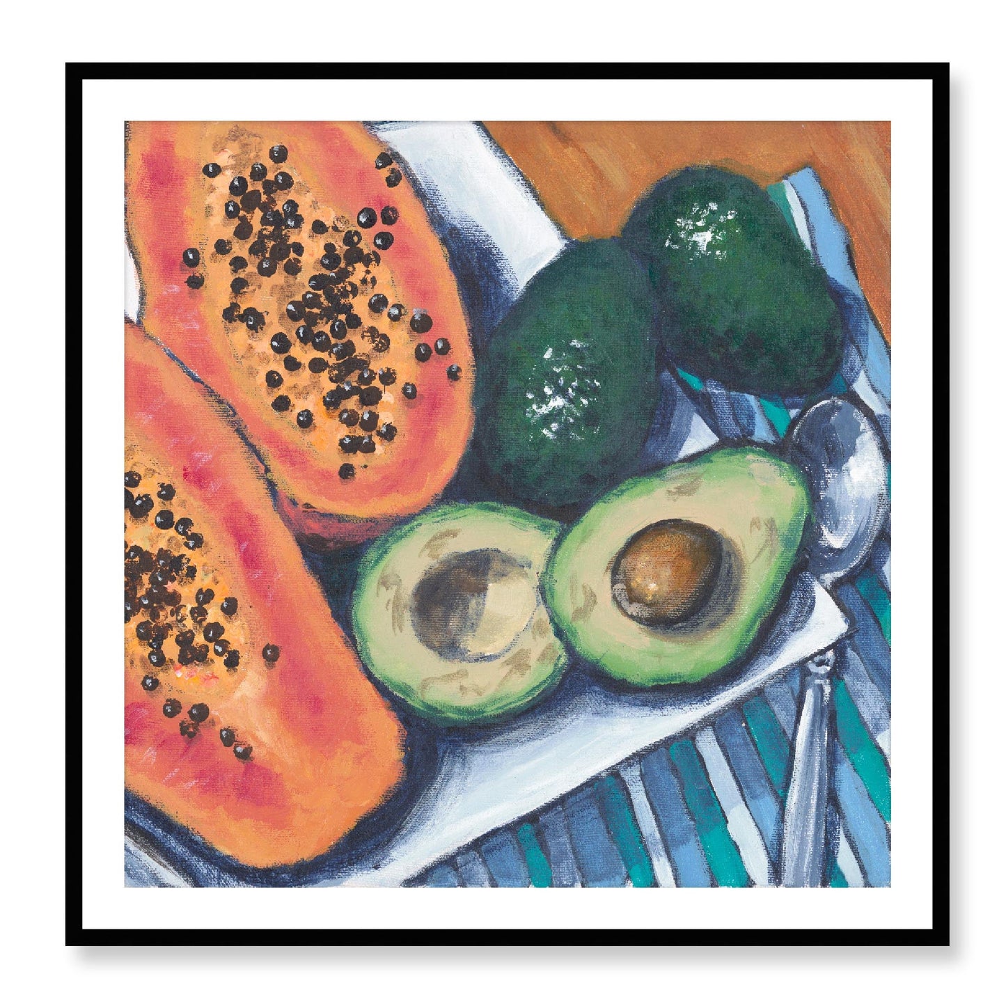Framed Fine Art Print, White Mat - 12x12 16x16 20x20 24x24 28x28 32x32 36x36 40x40 inches | Papaya & Avocados in Acrylic, FPS-1000-1105, Prints, Fine art, Black Frame, 102 x 102 cm ,40 x 40 inches