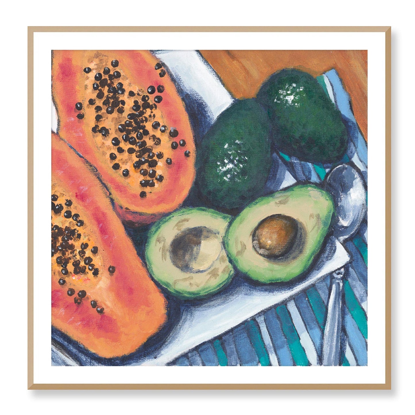 Framed Fine Art Print, White Mat - 12x12 16x16 20x20 24x24 28x28 32x32 36x36 40x40 inches | Papaya & Avocados in Acrylic, FPS-1000-1105, Prints, Fine art, White Frame, 102 x 102 cm ,40 x 40 inches
