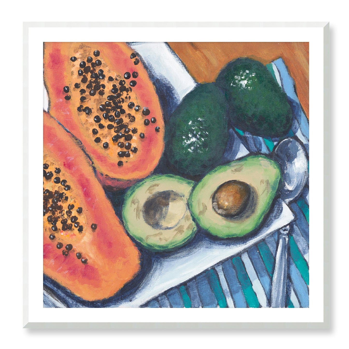 Framed Fine Art Print, White Mat - 12x12 16x16 20x20 24x24 28x28 32x32 36x36 40x40 inches | Papaya & Avocados in Acrylic, FPS-1000-1105, Prints, Fine art, Natural Frame, 102 x 102 cm ,40 x 40 inches