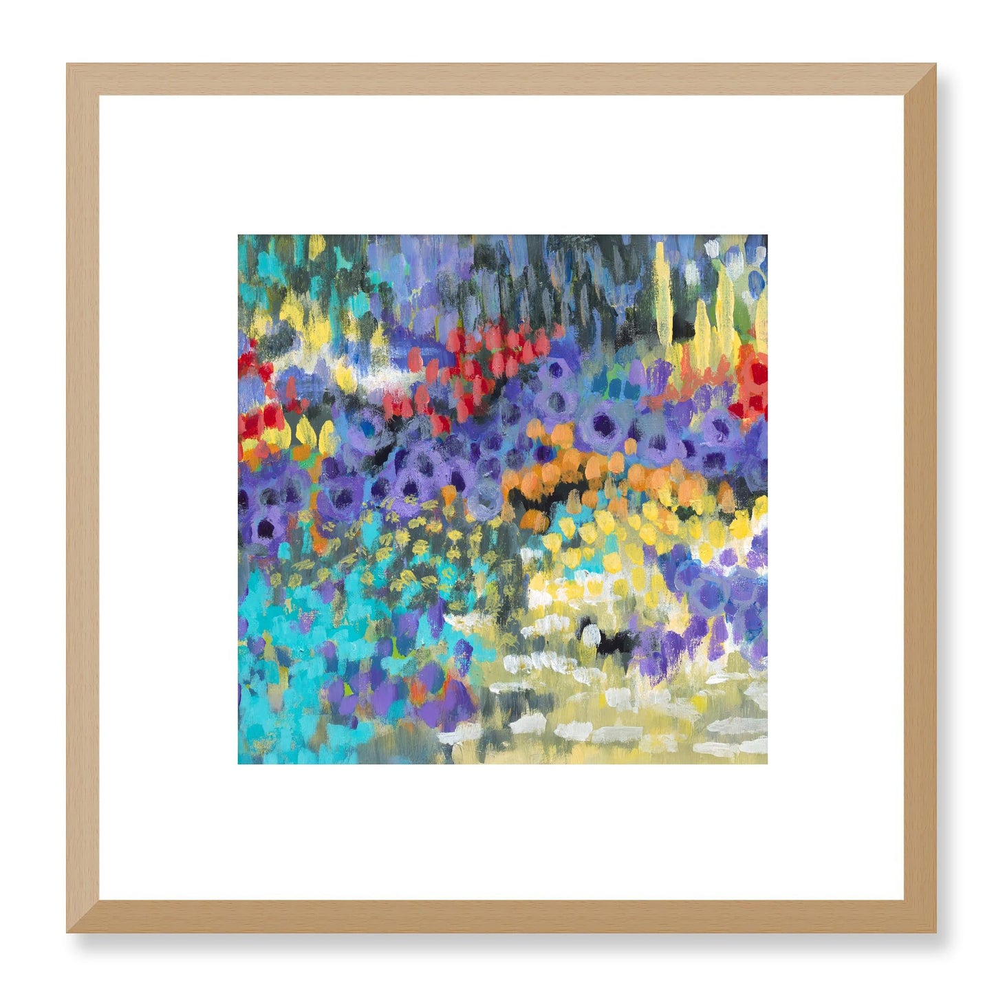 Framed Fine Art Print, White Mat - 12x12 16x16 20x20 24x24 28x28 32x32 36x36 40x40 inches | Floral Garden in Acrylic, FPS-1000-1145, Prints, Fine art, Natural Frame, 30 x 30 cm ,12 x 12 inches
