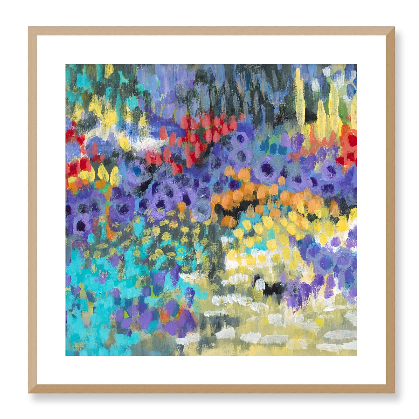 Framed Fine Art Print, White Mat - 12x12 16x16 20x20 24x24 28x28 32x32 36x36 40x40 inches | Floral Garden in Acrylic, FPS-1000-1145, Prints, Fine art, Natural Frame, 61 x 61 cm ,24 x 24 inches