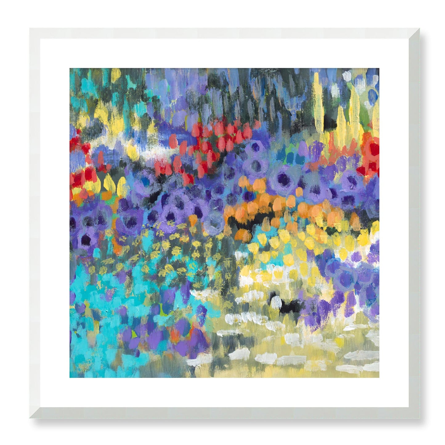 Framed Fine Art Print, White Mat - 12x12 16x16 20x20 24x24 28x28 32x32 36x36 40x40 inches | Floral Garden in Acrylic, FPS-1000-1145, Prints, Fine art, White Frame, 61 x 61 cm ,24 x 24 inches
