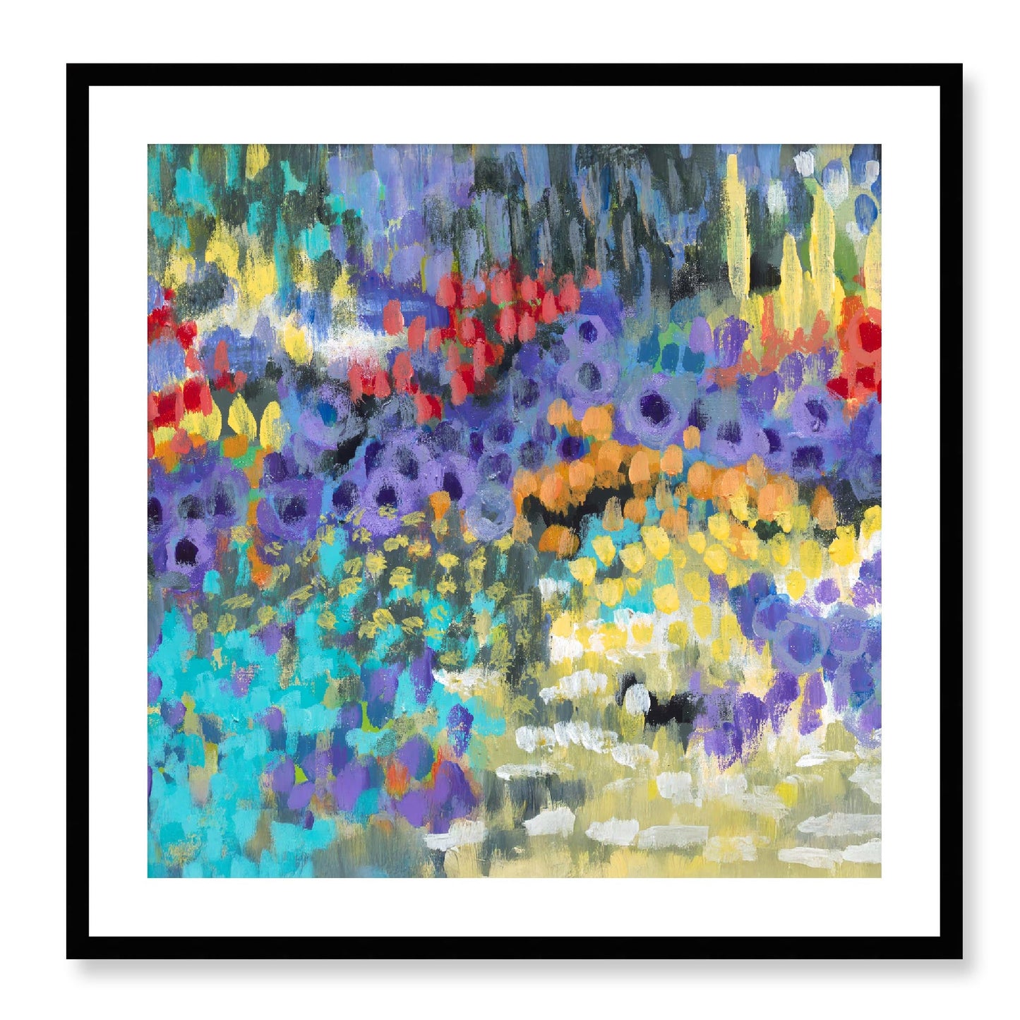Framed Fine Art Print, White Mat - 12x12 16x16 20x20 24x24 28x28 32x32 36x36 40x40 inches | Floral Garden in Acrylic, FPS-1000-1145, Prints, Fine art, Black Frame, 71 x 71 cm ,28 x 28 inches