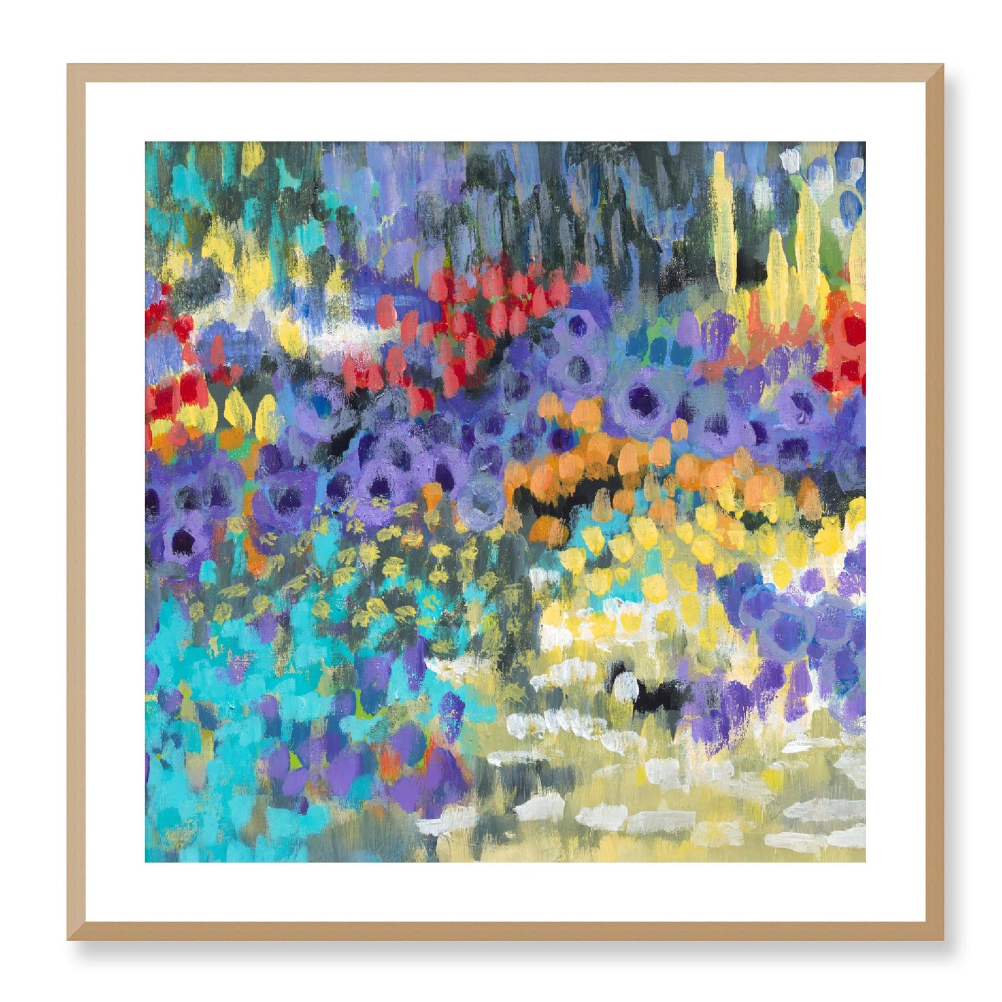 Framed Fine Art Print, White Mat - 12x12 16x16 20x20 24x24 28x28 32x32 36x36 40x40 inches | Floral Garden in Acrylic, FPS-1000-1145, Prints, Fine art, Natural Frame, 71 x 71 cm ,28 x 28 inches