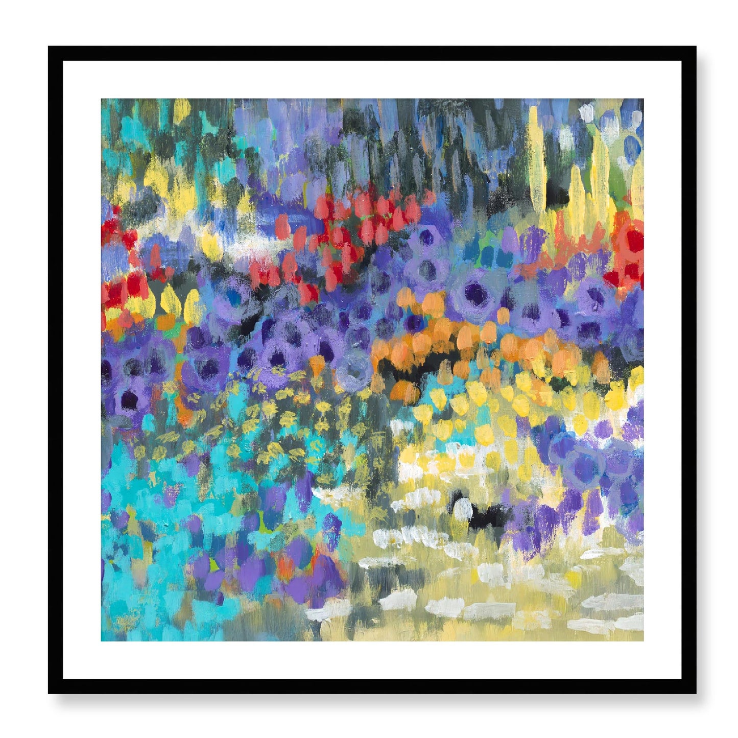 Framed Fine Art Print, White Mat - 12x12 16x16 20x20 24x24 28x28 32x32 36x36 40x40 inches | Floral Garden in Acrylic, FPS-1000-1145, Prints, Fine art, Black Frame, 81 x 81 cm ,32 x 32 inches