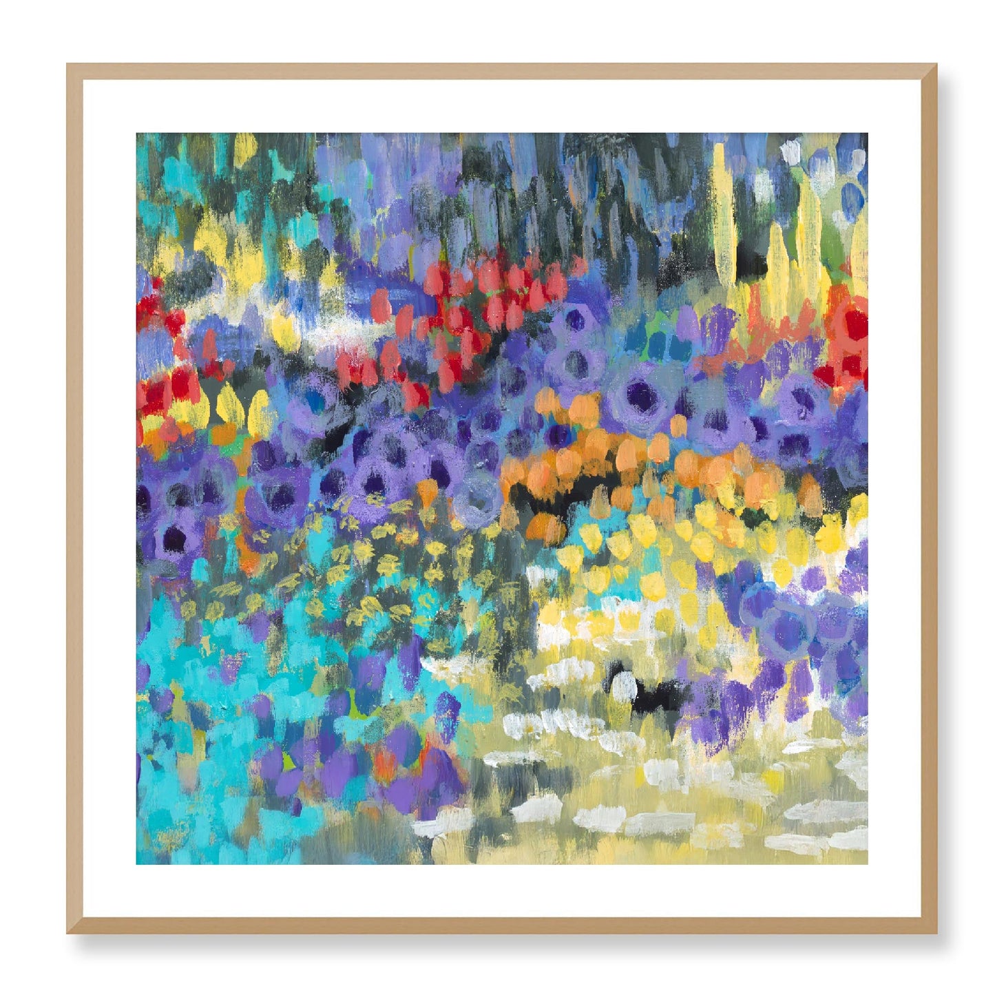 Framed Fine Art Print, White Mat - 12x12 16x16 20x20 24x24 28x28 32x32 36x36 40x40 inches | Floral Garden in Acrylic, FPS-1000-1145, Prints, Fine art, Natural Frame, 81 x 81 cm ,32 x 32 inches
