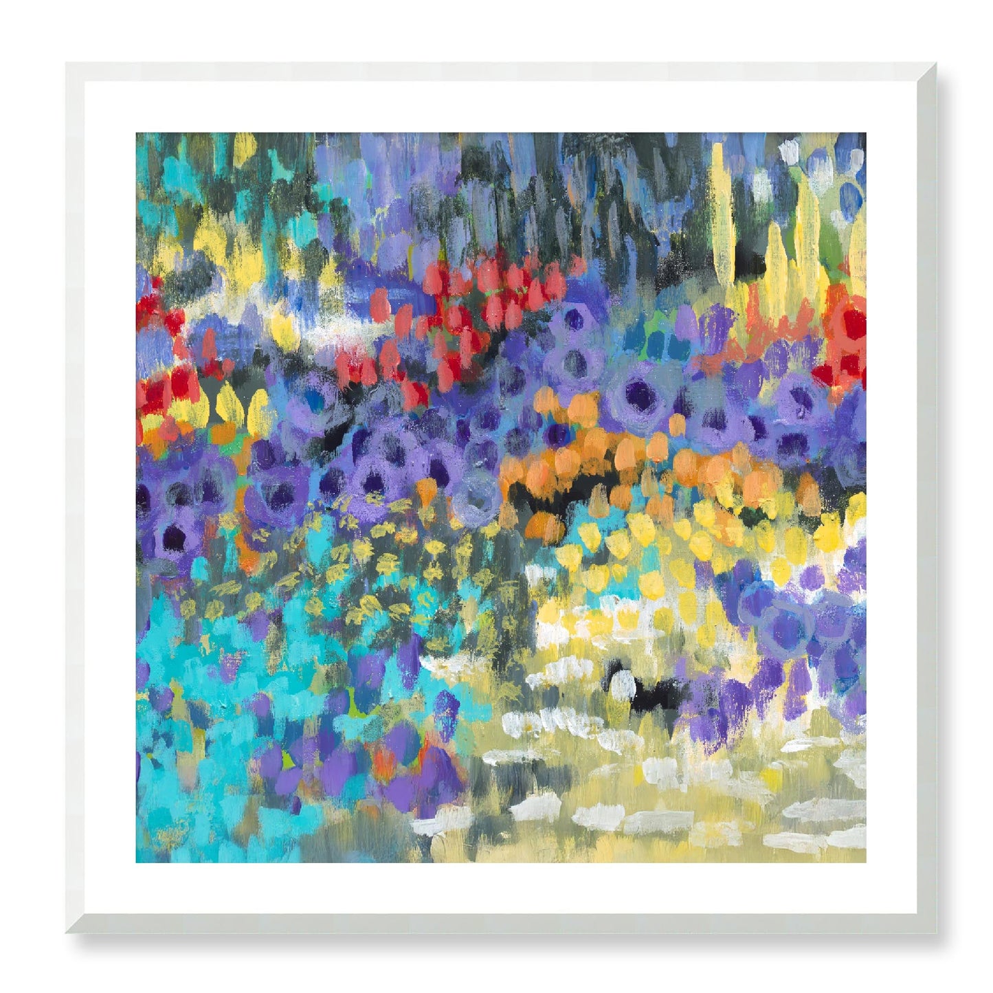 Framed Fine Art Print, White Mat - 12x12 16x16 20x20 24x24 28x28 32x32 36x36 40x40 inches | Floral Garden in Acrylic, FPS-1000-1145, Prints, Fine art, White Frame, 81 x 81 cm ,32 x 32 inches