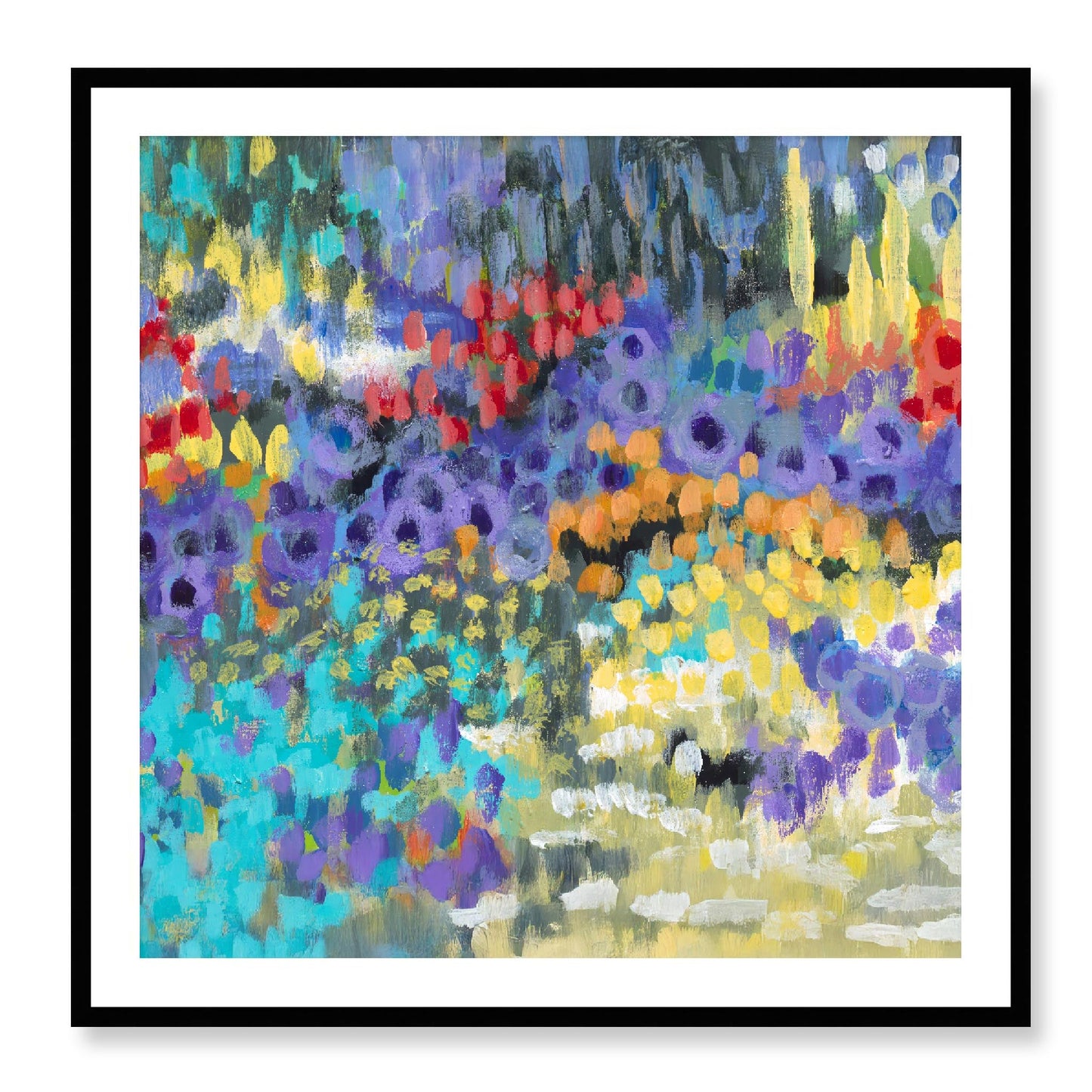 Framed Fine Art Print, White Mat - 12x12 16x16 20x20 24x24 28x28 32x32 36x36 40x40 inches | Floral Garden in Acrylic, FPS-1000-1145, Prints, Fine art, Black Frame, 91 x 91 cm ,36 x 36 inches