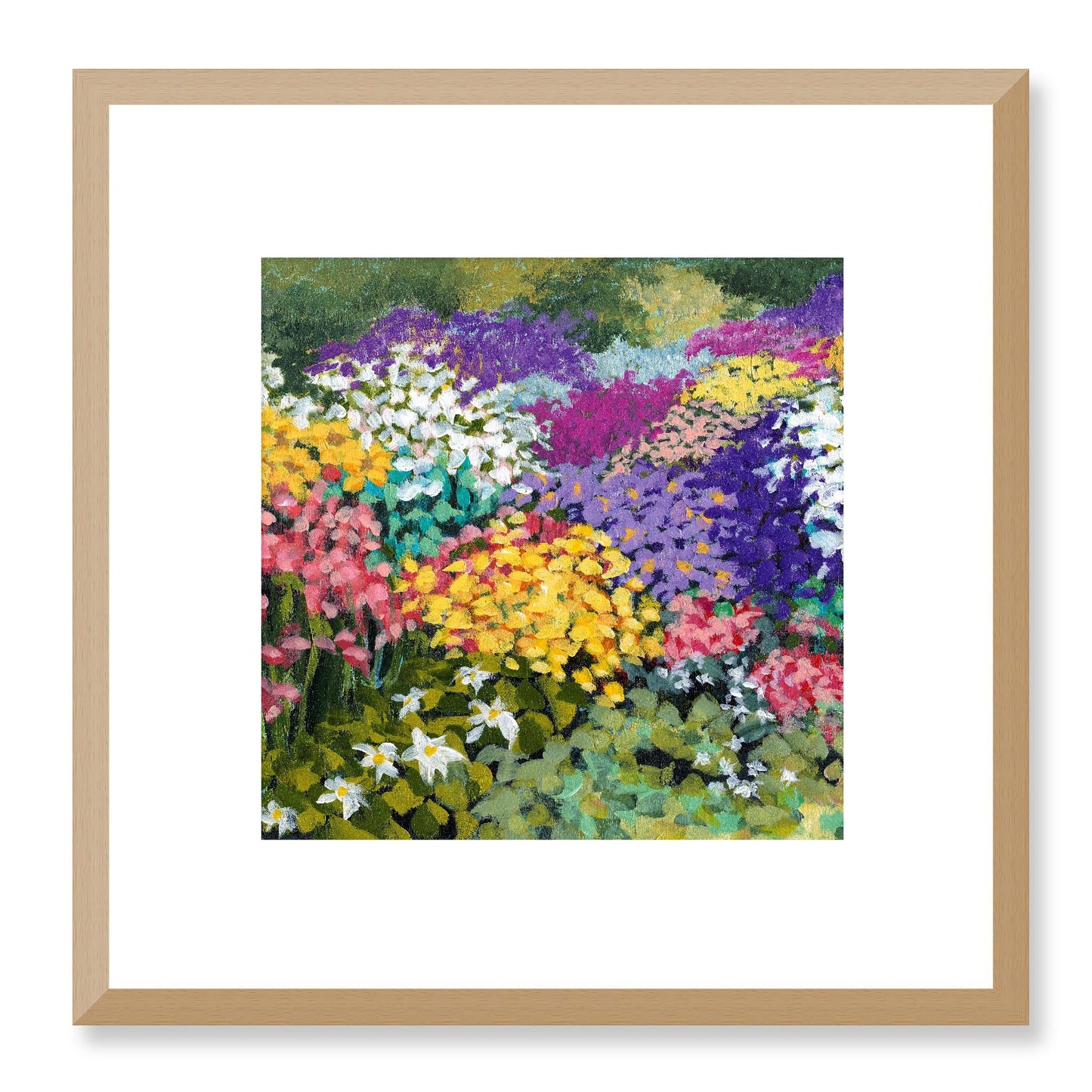 Framed Fine Art Print, White Mat - 12x12 16x16 20x20 24x24 28x28 32x32 36x36 40x40 inches | Floral Garden in Acrylic, FPS-1000-1147, Prints, Fine art, Natural Frame, 30 x 30 cm ,12 x 12 inches