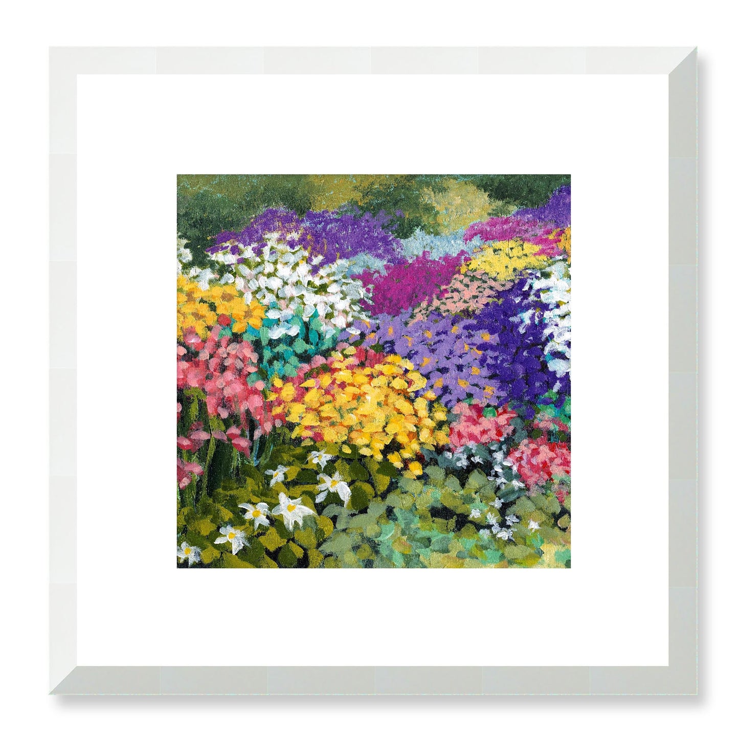 Framed Fine Art Print, White Mat - 12x12 16x16 20x20 24x24 28x28 32x32 36x36 40x40 inches | Floral Garden in Acrylic, FPS-1000-1147, Prints, Fine art, White Frame, 30 x 30 cm ,12 x 12 inches