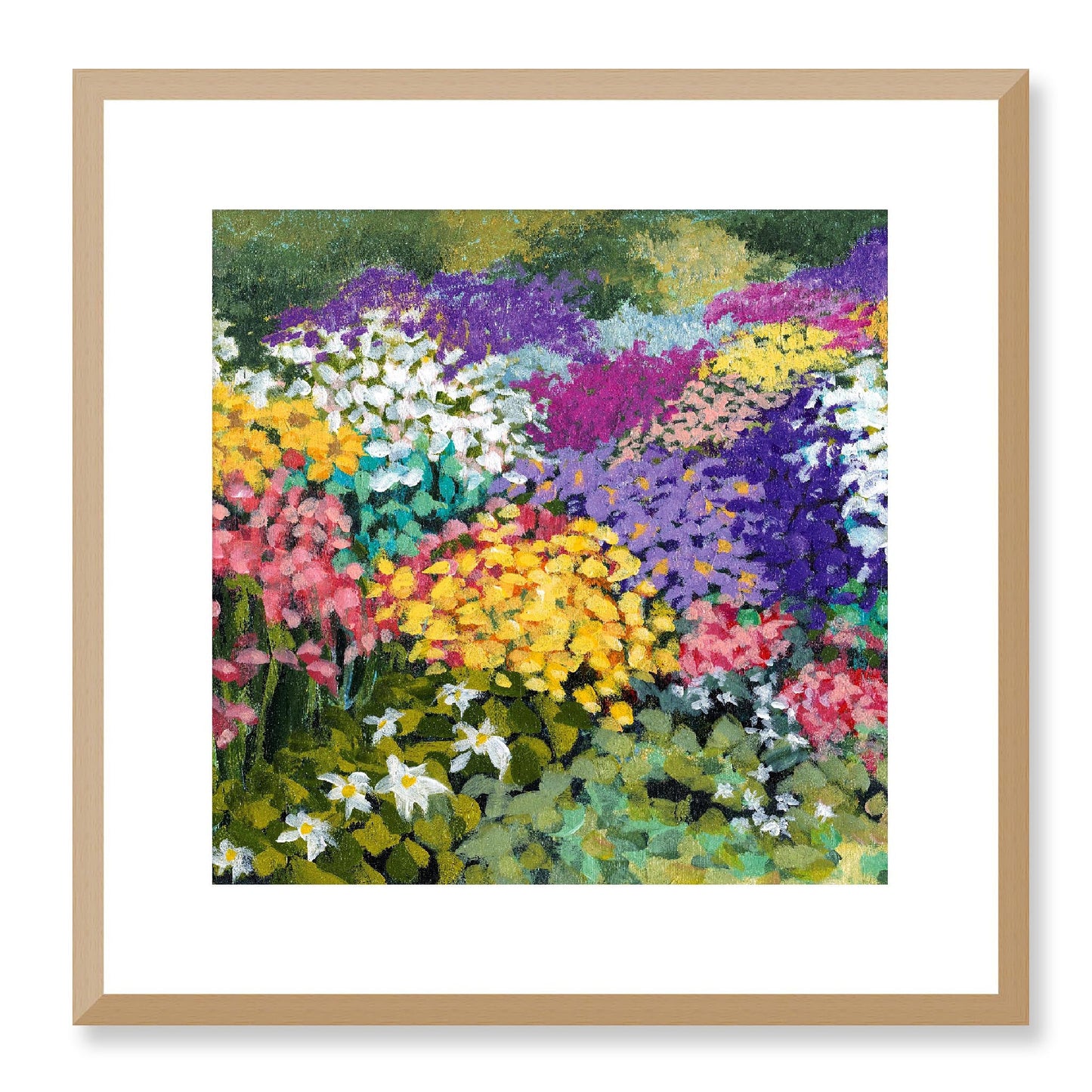 Framed Fine Art Print, White Mat - 12x12 16x16 20x20 24x24 28x28 32x32 36x36 40x40 inches | Floral Garden in Acrylic, FPS-1000-1147, Prints, Fine art, Natural Frame, 41 x 41 cm ,16 x 16 inches