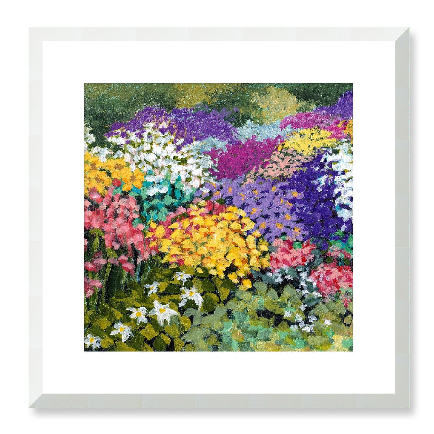 Framed Fine Art Print, White Mat - 12x12 16x16 20x20 24x24 28x28 32x32 36x36 40x40 inches | Floral Garden in Acrylic, FPS-1000-1147, Prints, Fine art, White Frame, 41 x 41 cm ,16 x 16 inches