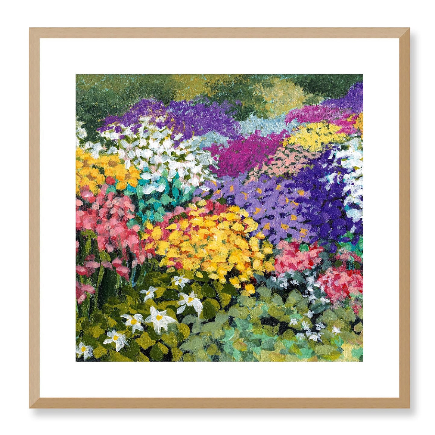 Framed Fine Art Print, White Mat - 12x12 16x16 20x20 24x24 28x28 32x32 36x36 40x40 inches | Floral Garden in Acrylic, FPS-1000-1147, Prints, Fine art, Natural Frame, 51 x 51 cm ,20 x 20 inches