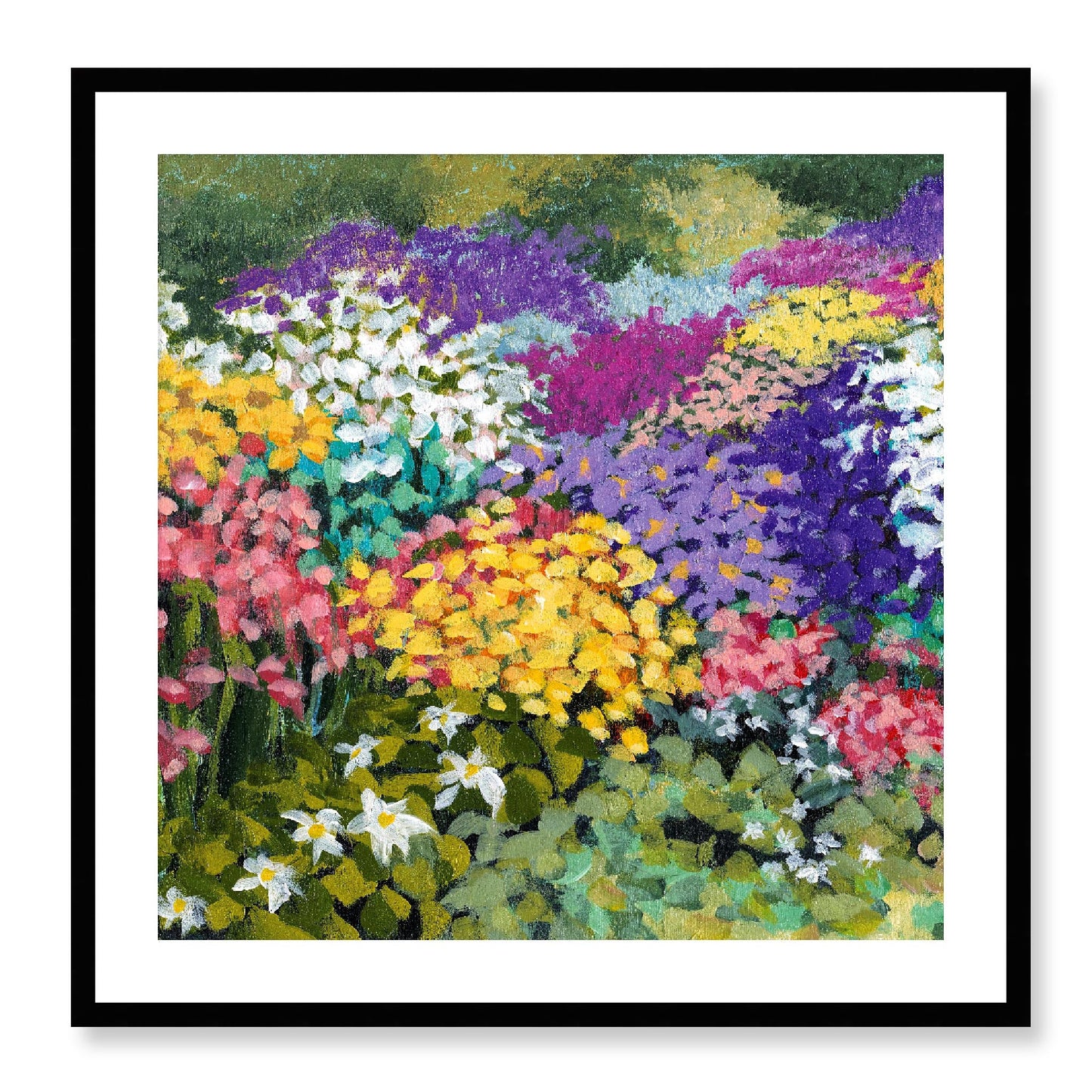 Framed Fine Art Print, White Mat - 12x12 16x16 20x20 24x24 28x28 32x32 36x36 40x40 inches | Floral Garden in Acrylic, FPS-1000-1147, Prints, Fine art, Black Frame, 71 x 71 cm ,28 x 28 inches