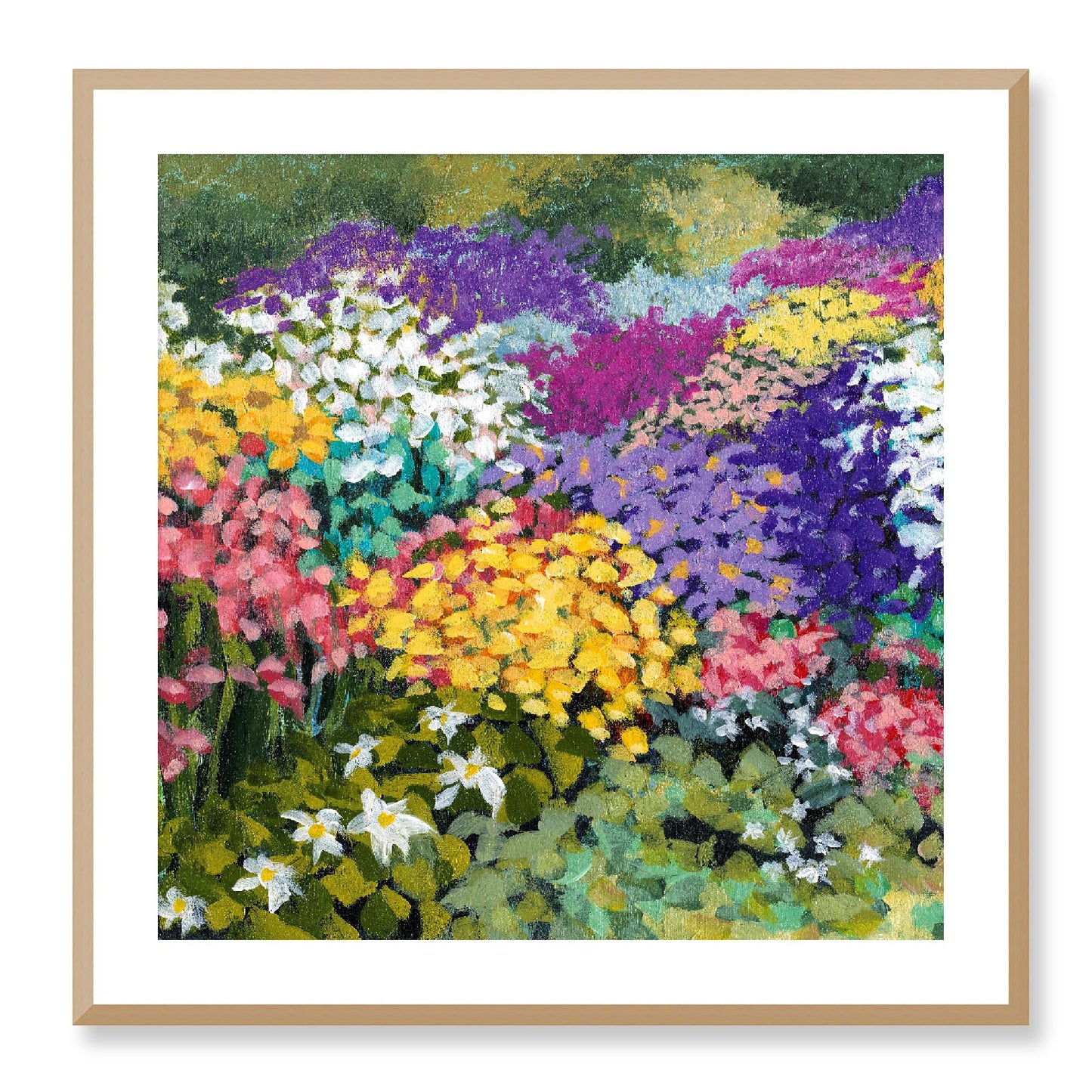 Framed Fine Art Print, White Mat - 12x12 16x16 20x20 24x24 28x28 32x32 36x36 40x40 inches | Floral Garden in Acrylic, FPS-1000-1147, Prints, Fine art, Natural Frame, 71 x 71 cm ,28 x 28 inches