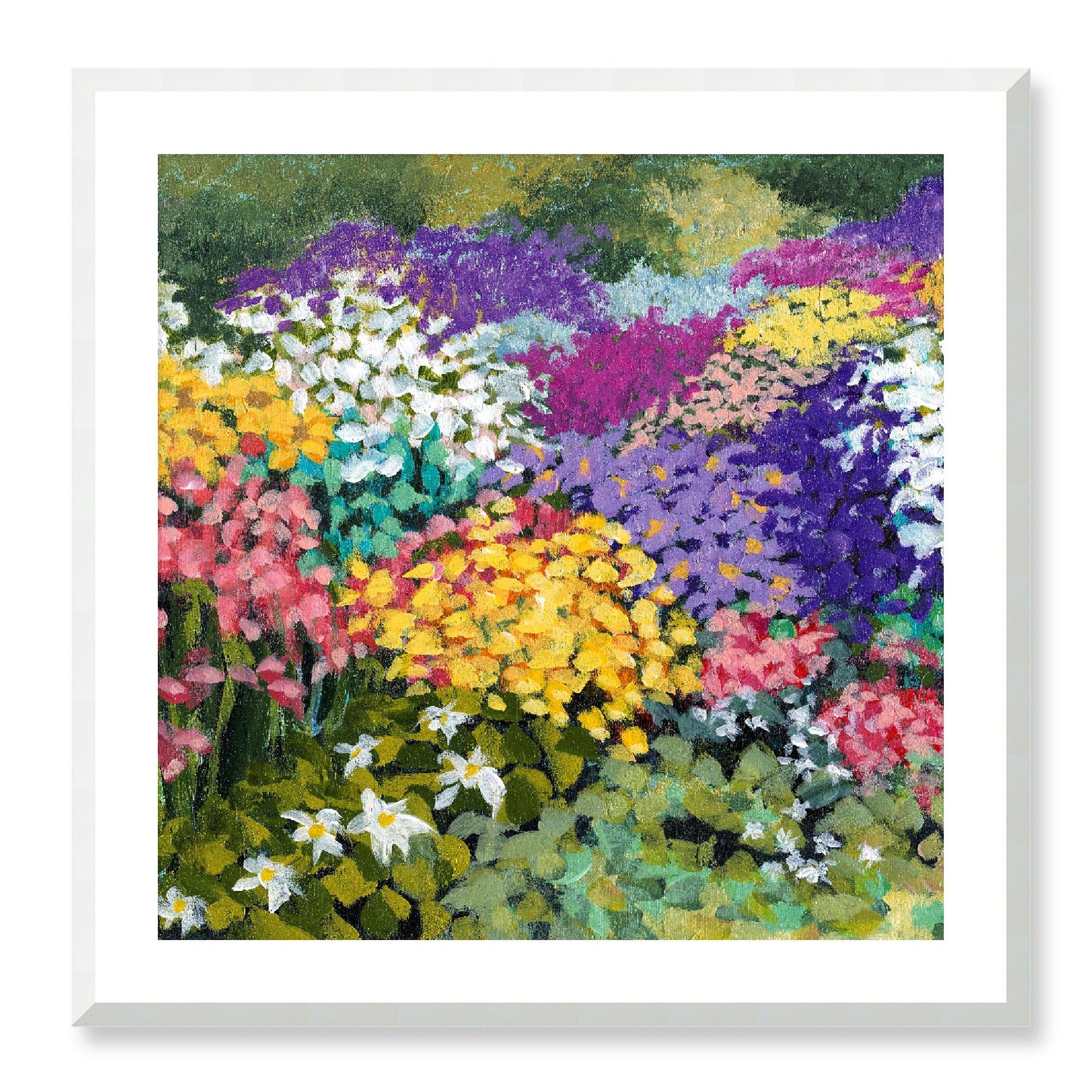 Framed Fine Art Print, White Mat - 12x12 16x16 20x20 24x24 28x28 32x32 36x36 40x40 inches | Floral Garden in Acrylic, FPS-1000-1147, Prints, Fine art, White Frame, 71 x 71 cm ,28 x 28 inches
