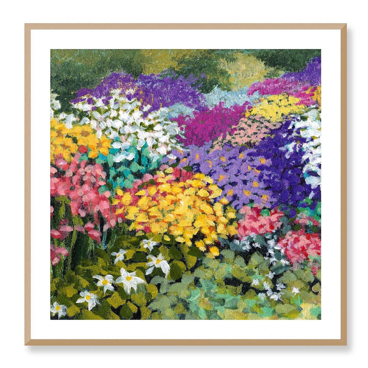 Framed Fine Art Print, White Mat - 12x12 16x16 20x20 24x24 28x28 32x32 36x36 40x40 inches | Floral Garden in Acrylic, FPS-1000-1147, Prints, Fine art, Natural Frame, 81 x 81 cm ,32 x 32 inches