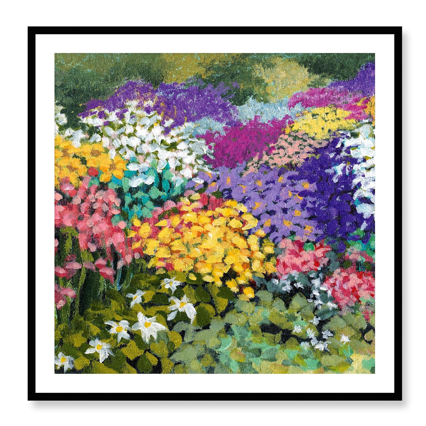 Framed Fine Art Print, White Mat - 12x12 16x16 20x20 24x24 28x28 32x32 36x36 40x40 inches | Floral Garden in Acrylic, FPS-1000-1147, Prints, Fine art, Black Frame, 91 x 91 cm ,36 x 36 inches