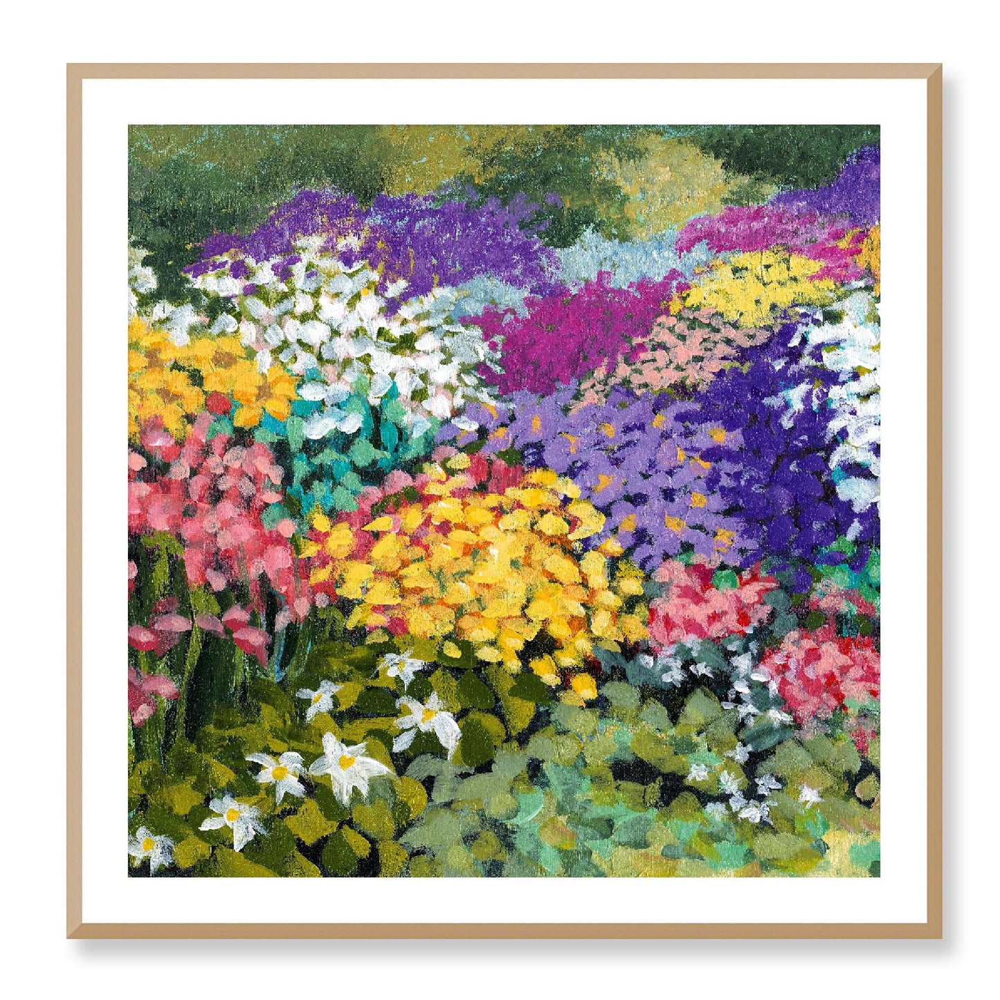Framed Fine Art Print, White Mat - 12x12 16x16 20x20 24x24 28x28 32x32 36x36 40x40 inches | Floral Garden in Acrylic, FPS-1000-1147, Prints, Fine art, White Frame, 91 x 91 cm ,36 x 36 inches