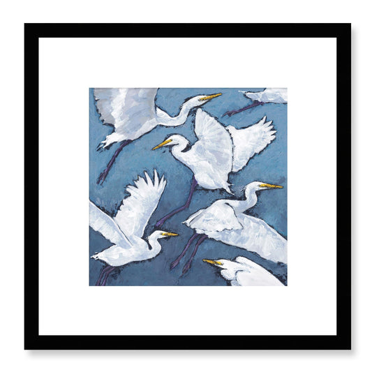 Framed Fine Art Print, White Mat - 12x12 16x16 20x20 24x24 28x28 32x32 36x36 40x40 inches | White Herons in Acrylic, FPS-1020-001, Prints, Fine art, Black Frame, 30 x 30 cm ,12 x 12 inches