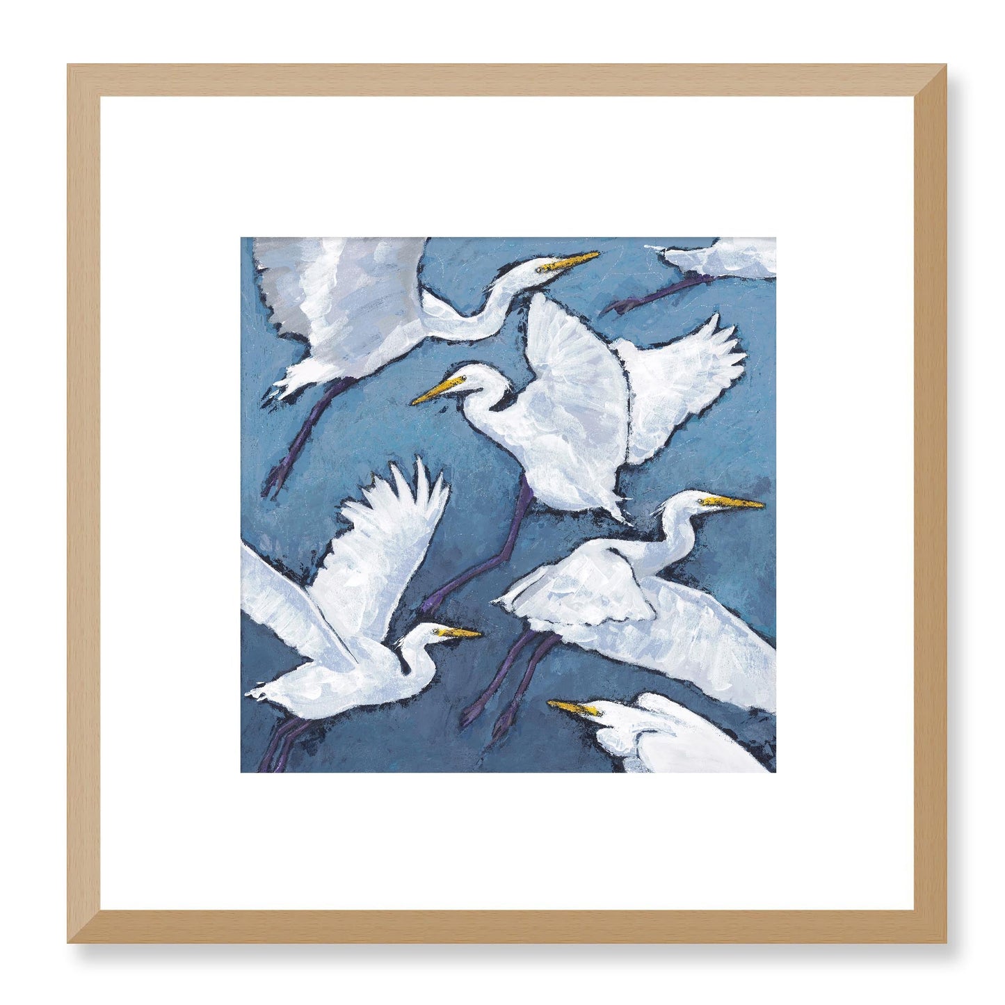 Framed Fine Art Print, White Mat - 12x12 16x16 20x20 24x24 28x28 32x32 36x36 40x40 inches | White Herons in Acrylic, FPS-1020-001, Prints, Fine art, Natural Frame, 30 x 30 cm ,12 x 12 inches