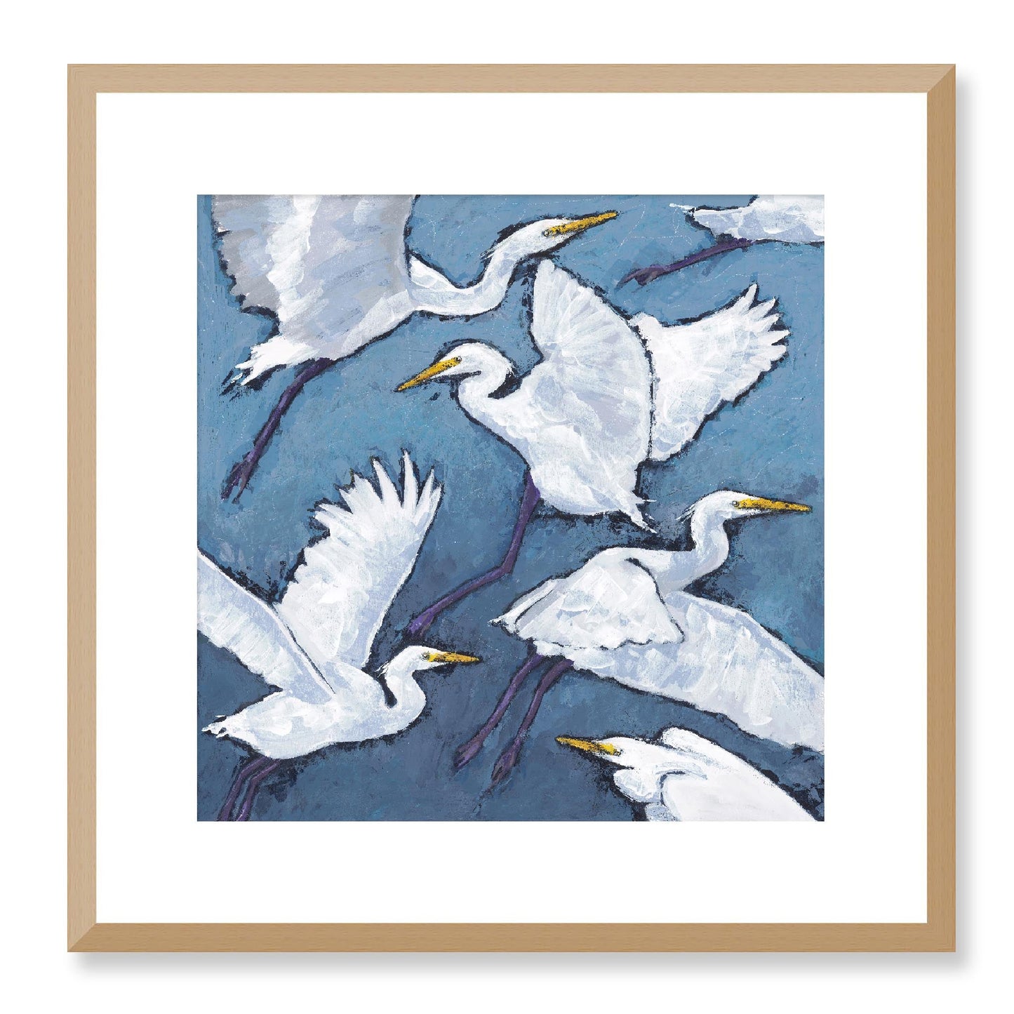 Framed Fine Art Print, White Mat - 12x12 16x16 20x20 24x24 28x28 32x32 36x36 40x40 inches | White Herons in Acrylic, FPS-1020-001, Prints, Fine art, Natural Frame, 41 x 41 cm ,16 x 16 inches