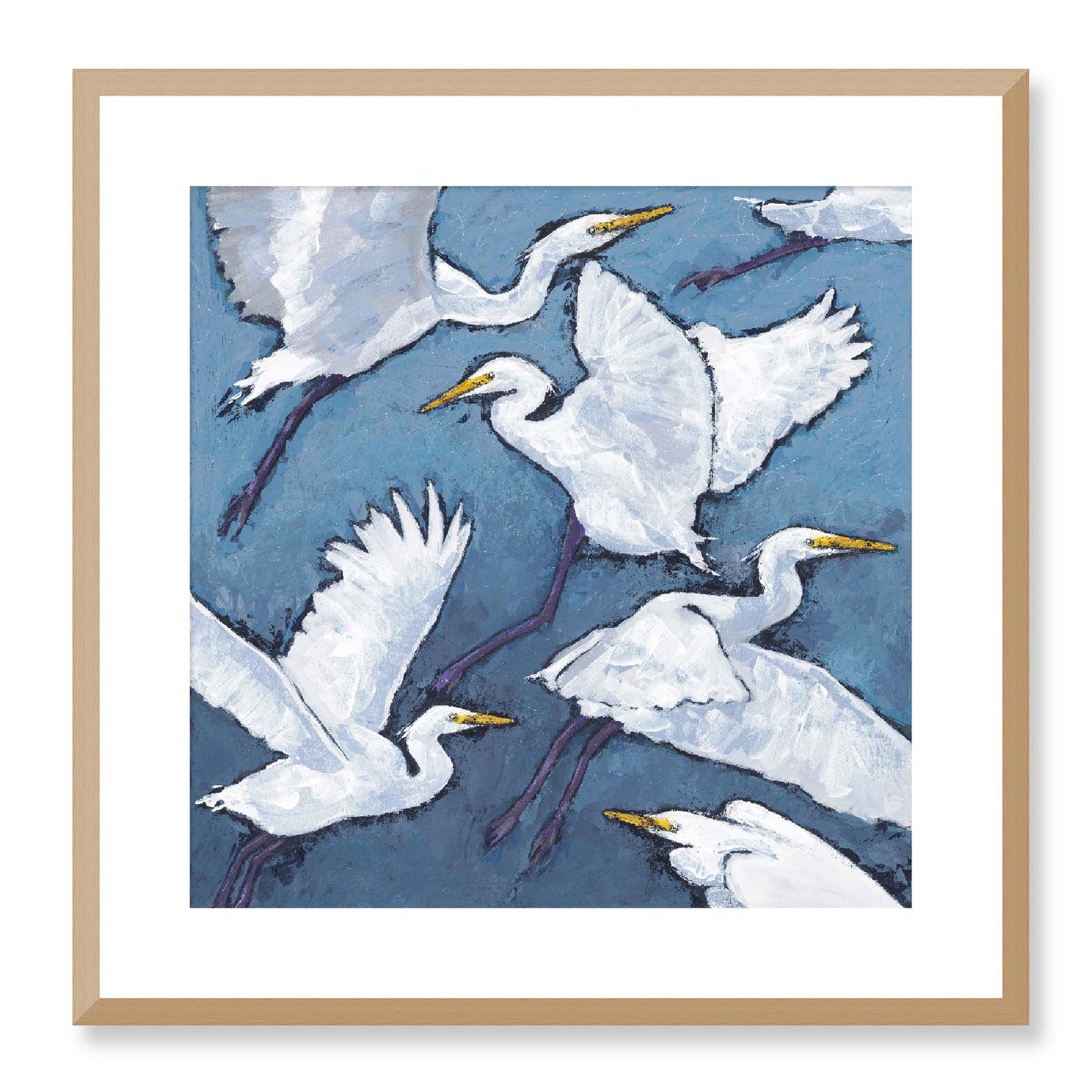 Framed Fine Art Print, White Mat - 12x12 16x16 20x20 24x24 28x28 32x32 36x36 40x40 inches | White Herons in Acrylic, FPS-1020-001, Prints, Fine art, Natural Frame, 51 x 51 cm ,20 x 20 inches