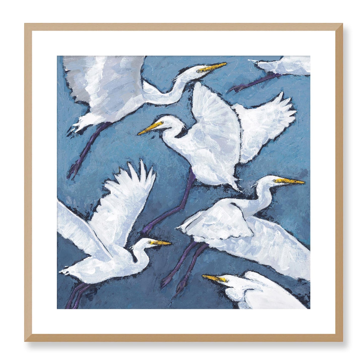 Framed Fine Art Print, White Mat - 12x12 16x16 20x20 24x24 28x28 32x32 36x36 40x40 inches | White Herons in Acrylic, FPS-1020-001, Prints, Fine art, Natural Frame, 61 x 61 cm ,24 x 24 inches
