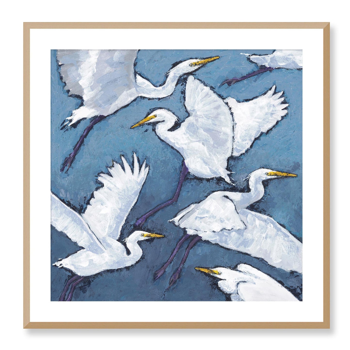 Framed Fine Art Print, White Mat - 12x12 16x16 20x20 24x24 28x28 32x32 36x36 40x40 inches | White Herons in Acrylic, FPS-1020-001, Prints, Fine art, Natural Frame, 71 x 71 cm ,28 x 28 inches